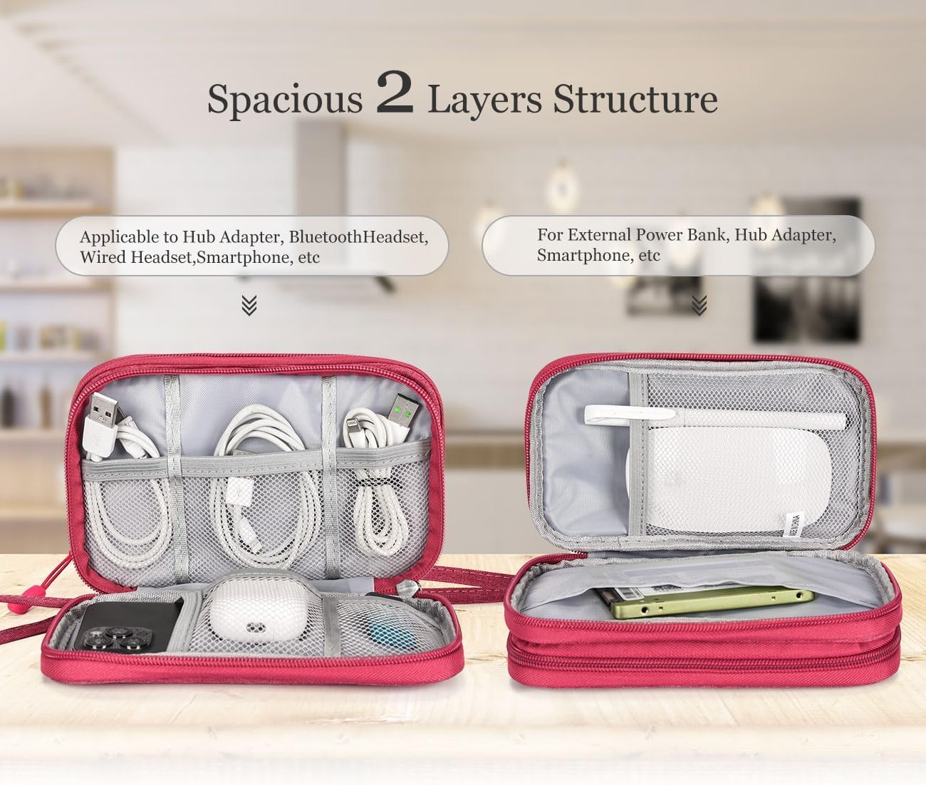 Waterproof Electronic Organizer Travel Bag for Power Bank, Charging Cords & USB Cables - Portable Cable Accessories Case (Rose Red) - Perfect for Travel, Office & Daily Organization