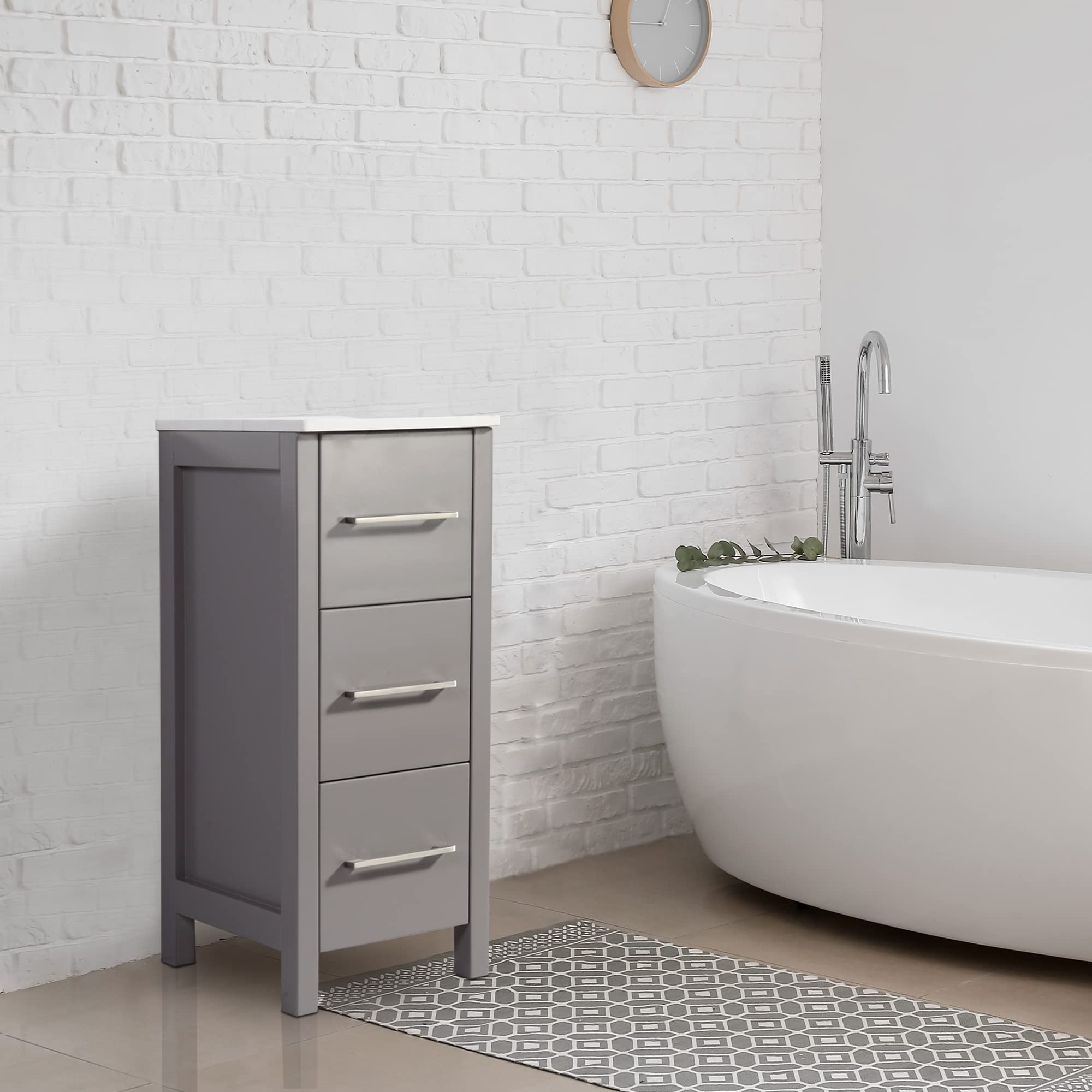 Vanity Art 12 Inch Bathroom Cabinet with 3 Dovetailed Drawers & Ceramic Top - Freestanding Storage Organizer for Bedroom, Bathroom, Entryway - Easy Assembly Small Nightstand (Gray) VA3012-G | Perfect for Small Spaces, Apartment Living & Bathroom Organization