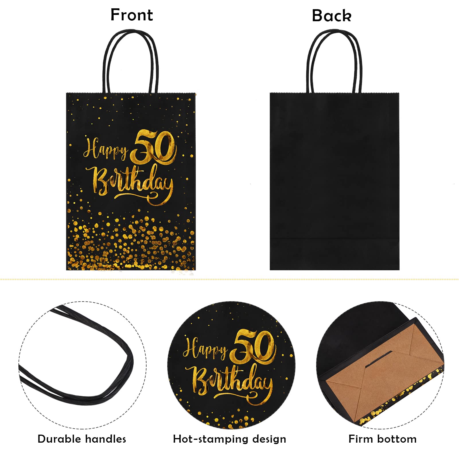 24 Pack Black & Gold 50th Birthday Gift Bags - Kraft Paper Party Favor Bags for Candy, Wedding, Anniversary Celebrations - Perfect for Birthday Parties, Retirement Events & Special Occasions