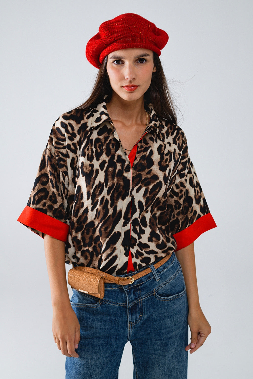 Leopard Print 3/4 Sleeve Blouse with Red Accents - Women's Fashion Top for Office, Party & Casual Wear