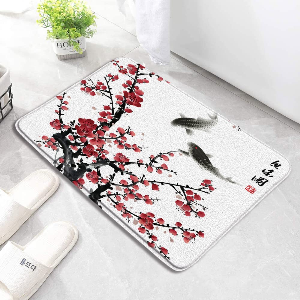 Japanese Cherry Blossom Bath Mat - Non-Slip Absorbent Bathroom Rug with Traditional Asian Plum Blossom Ink Painting Design - 17.7 x 29.5 Inch - Perfect for Bathroom, Bathtub, Shower & Indoor Decor