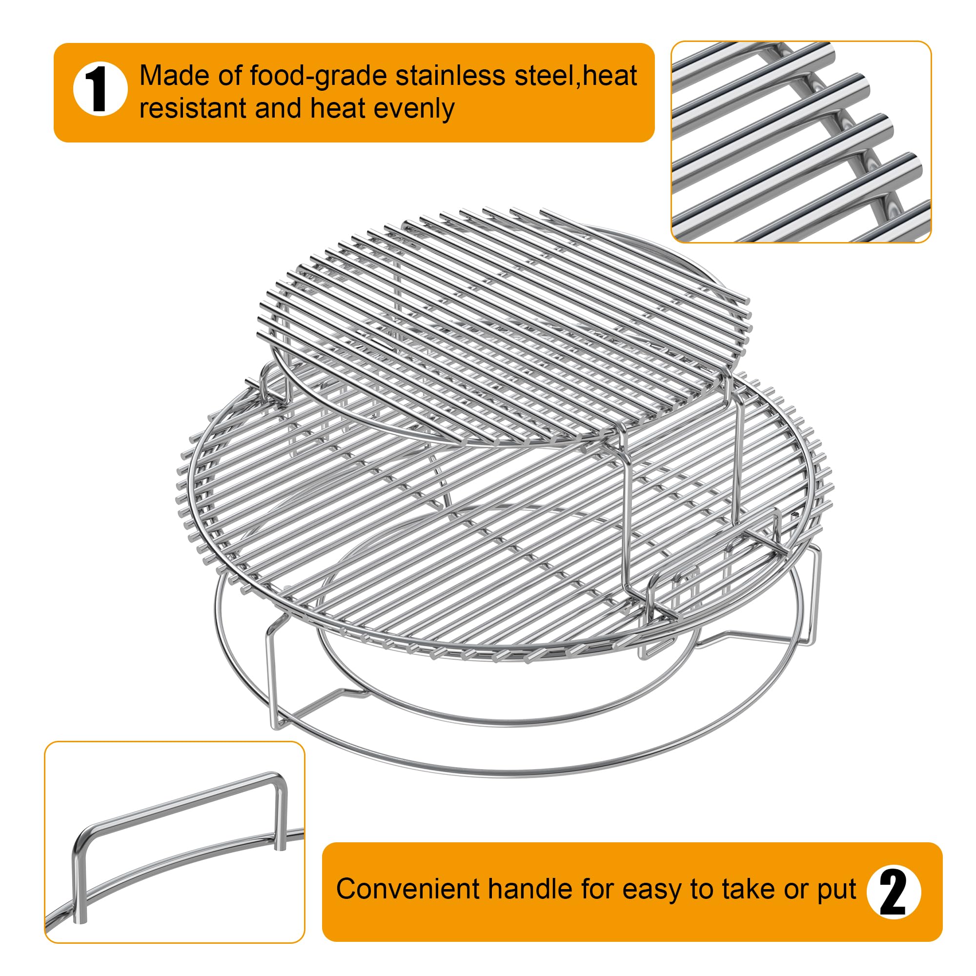 BBQ-PLUS Heavy Duty Stainless Steel 3-Tier 5-Piece Grill Basket Accessories with Removable Cooking Rack System - Replacement Kit for Large Big Green Egg - Perfect for Backyard BBQ, Grilling, Smoking & Outdoor Cooking