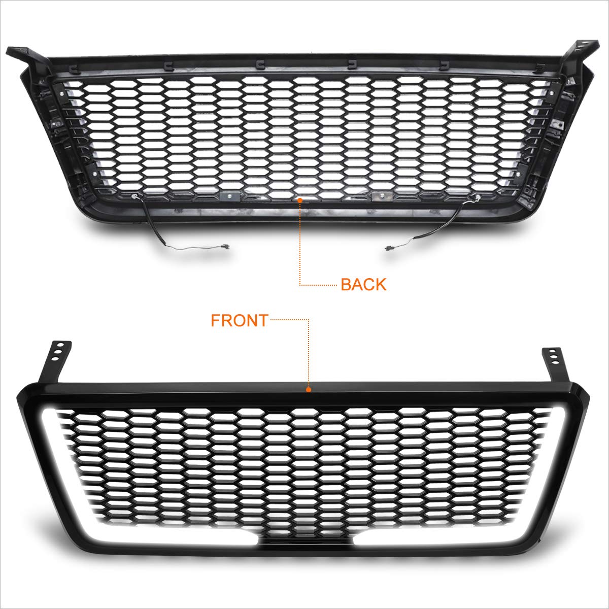 Honeycomb Mesh Front Bumper Grille with LED Lights for 2004-2008 Ford F150 - Black | Upgrade Your Truck's Style & Protection for Off-Road & Daily Driving