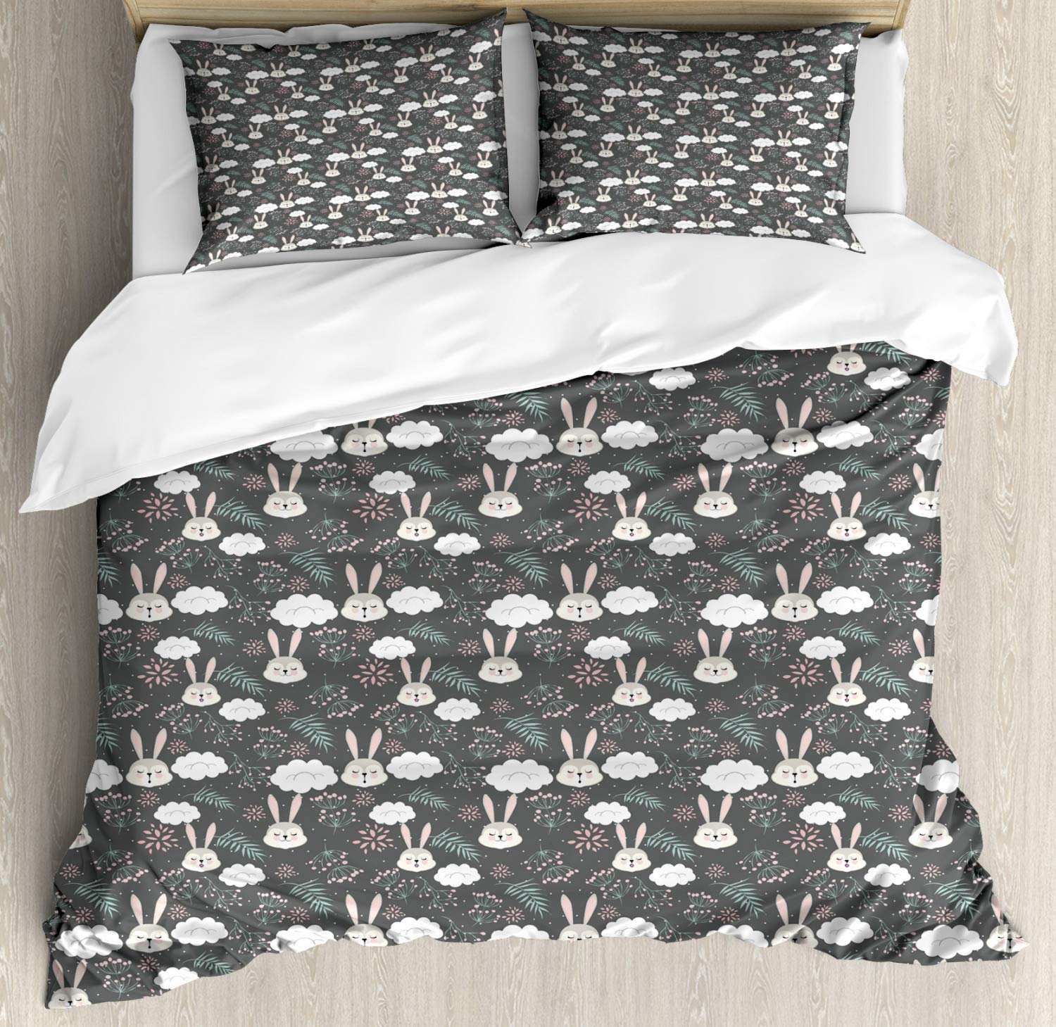 Ambesonne Rabbit Duvet Cover Set - Sleeping Funny Bunnies with Fluffy White Clouds & Flowers Design - 2 Pack Cal King Size Bedding Set Includes 2 Duvet Covers & 4 Pillowcases - Multicolor - Perfect for Kids' Rooms, Nursery Decor or Whimsical Bedroom Themes