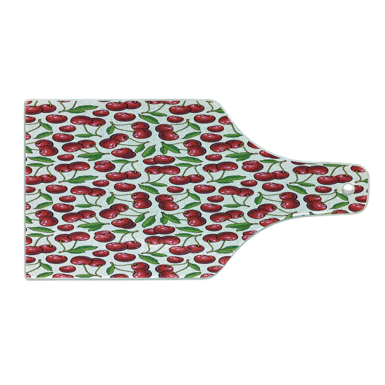 Ambesonne Cherry Themed Tempered Glass Cutting Board - Cartoon Summer Fruit Art, Decorative Serving Board with Wine Bottle Shape in Dark Pink, White & Green - Perfect for Kitchen Prep, Charcuterie & Wine Pairing