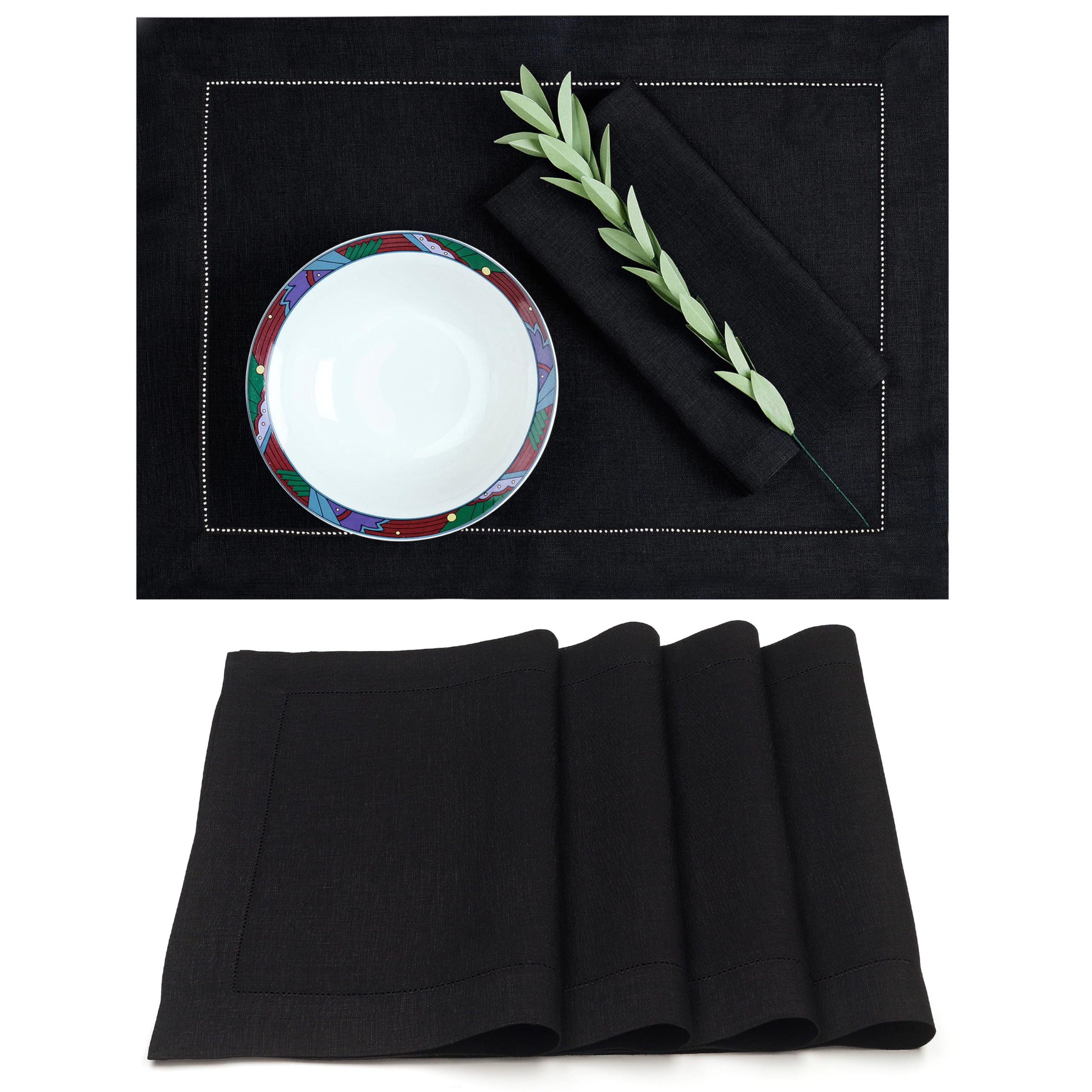 D'Moksha Homes 4-Pack 100% Pure Linen Placemats - 14x19 Inch Black Table Mats with Classic Hemstitch, Machine Washable for Dining Table Decor - Perfect for Spring Gatherings, Dinner Parties & Everyday Use