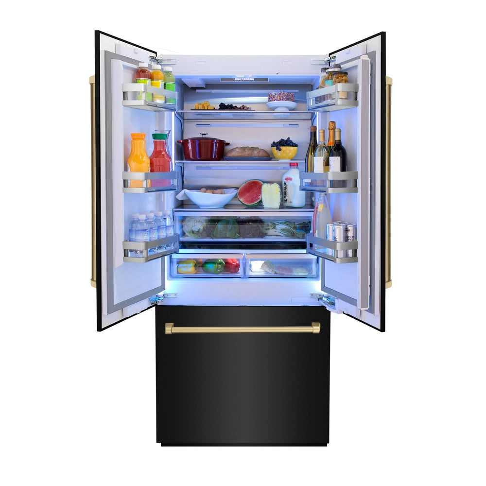 ZLINE Autograph Edition 36 Inch French Door Built-In Bottom Freezer Refrigerator - 19.6 cu ft Capacity, Black Stainless Steel with Champagne Bronze Accents, Water Dispenser & Ice Maker - Perfect for Modern Kitchens, Open Concept Homes & Luxury Appliances Collection