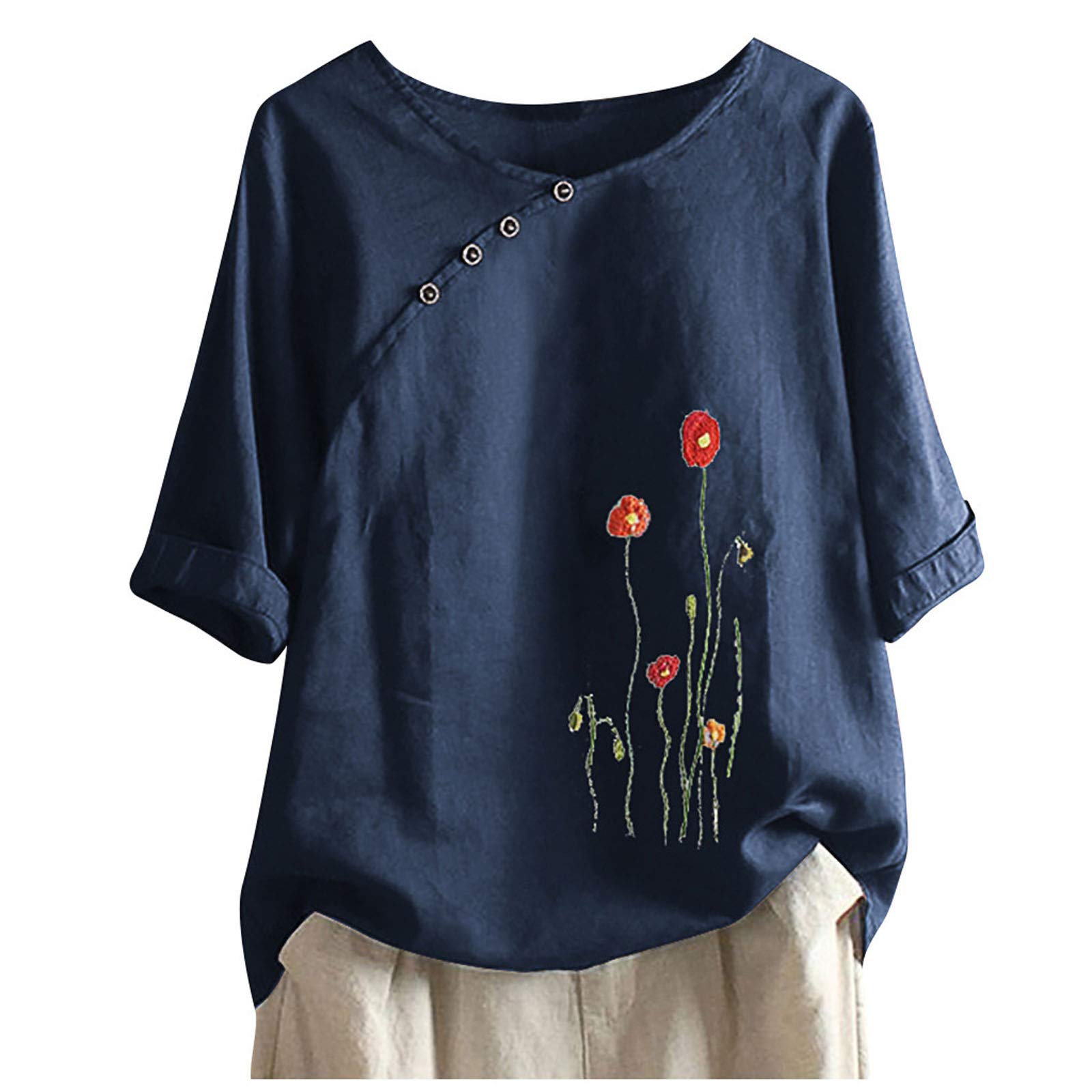 Plus Size Cotton Linen T-Shirts for Women - Summer Casual Short Sleeve Embroidery Button Tunic Tops - Vintage Crewneck Blouses for Everyday Wear, Office & Outings