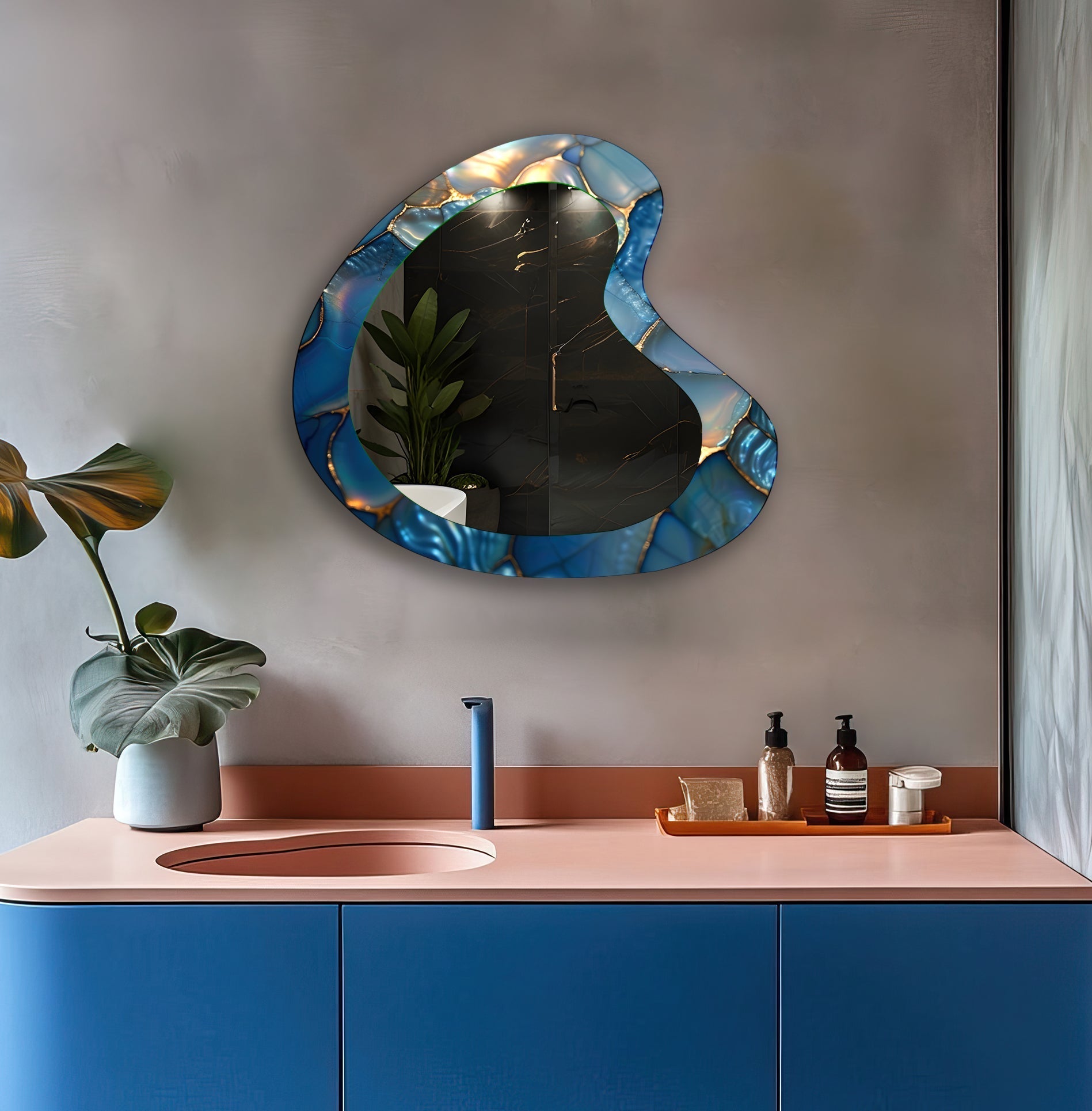 Blue Abstract Irregular Glass Wall Mirror - Modern Decorative Mirror for Living Room, Bedroom & Entryway - Unique Home Decor Accent Piece