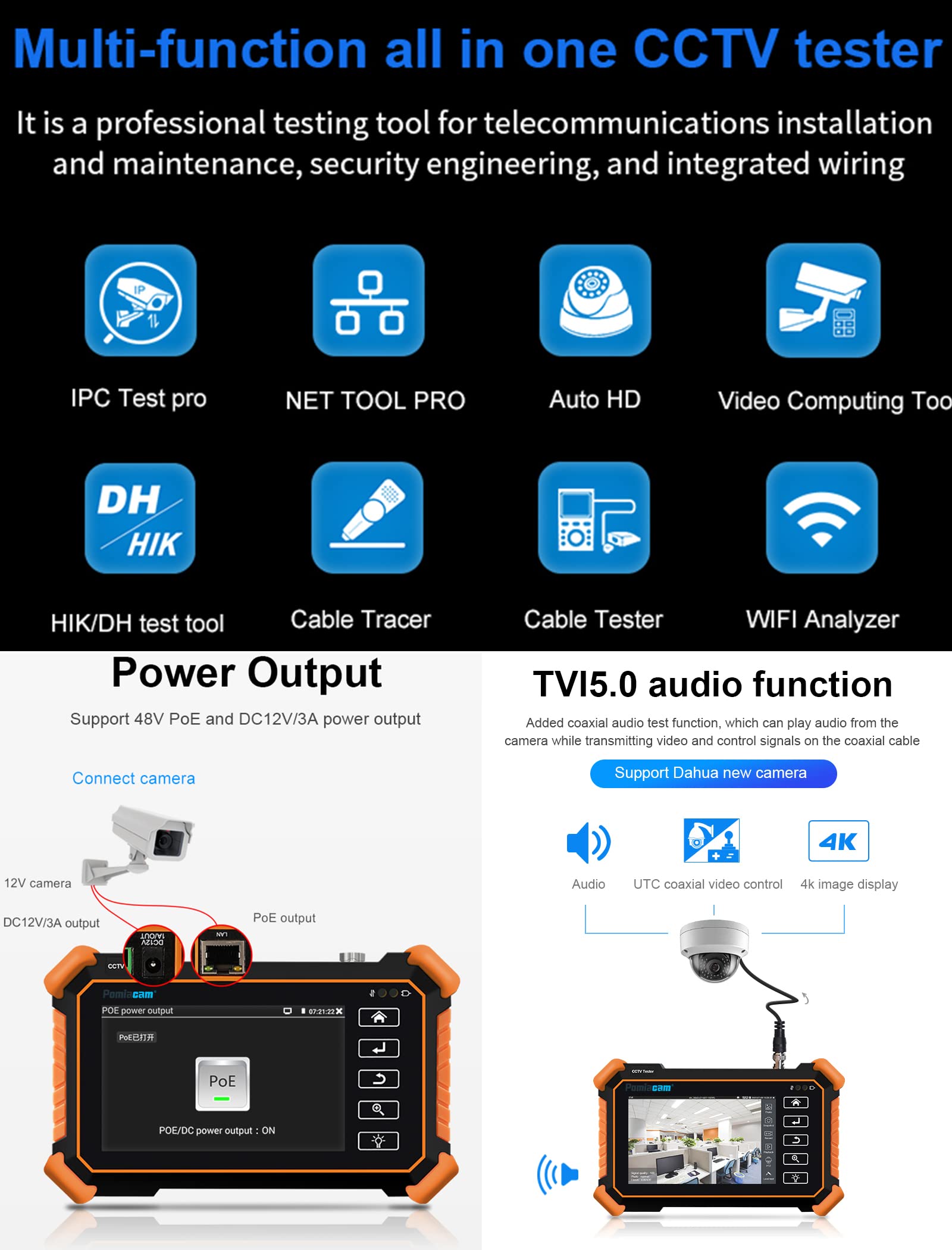 IPC-1910 Plus 4 Inch Touch Screen IP Camera Tester - 8K/4K/8MP Resolution, Supports H.265, POE, PTZ, WiFi & RS485 - Compatible with Coax, AHD, CVI, TVI Cameras - Ideal for CCTV Installation, Security System Testing & Camera Maintenance