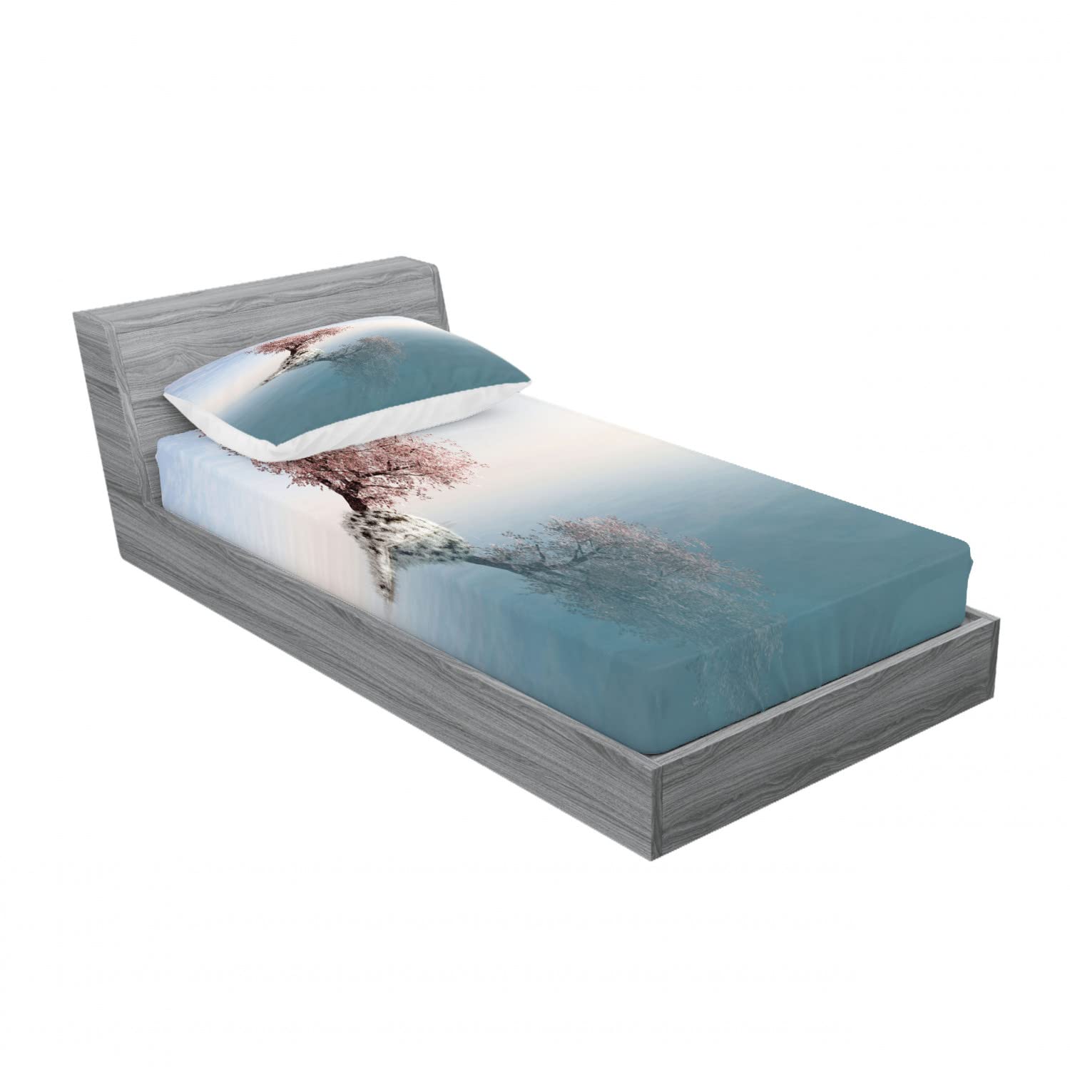Ambesonne 2-Pack Nautical Twin Fitted Sheets & Pillow Sham Set - Lonely Tree in Water Design, Teal & Pink 4-Piece Bedding Decor for Coastal Themed Bedrooms, Guest Rooms & Dorm Rooms