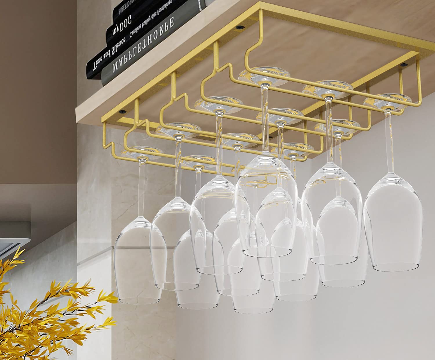 Nuovoware 4-Tier Under Cabinet Wine Glass Holder - Metal Stemware Rack Organizer for Bar & Kitchen Storage (Nano Gold) - Perfect for Hanging Wine Glasses, Champagne Flutes & Cocktail Cups in Home Bars, Restaurants & Wine Cellars