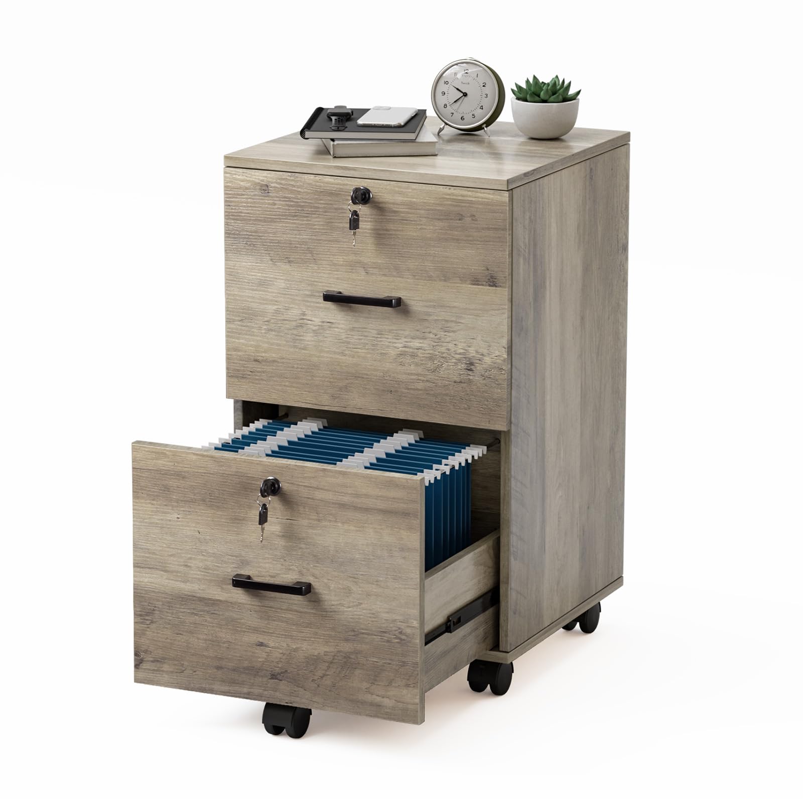 VINGLI 2-Drawer Locking File Cabinet - Rustic Gray Wood Letter Size File Organizer with Wheels | Under Desk Mobile Storage for Home Office, Printer Stand & Document Filing
