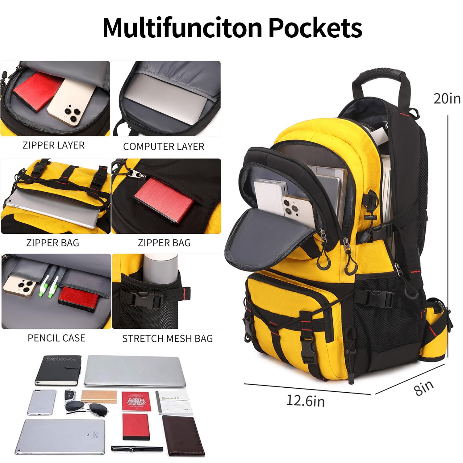 Nerlion 40L Waterproof Hiking Backpack - Lightweight Travel Backpack for Men & Women - Durable Camping & Outdoor Daypack (Yellow) - Perfect for Hiking, Traveling, Camping & Daily Commute