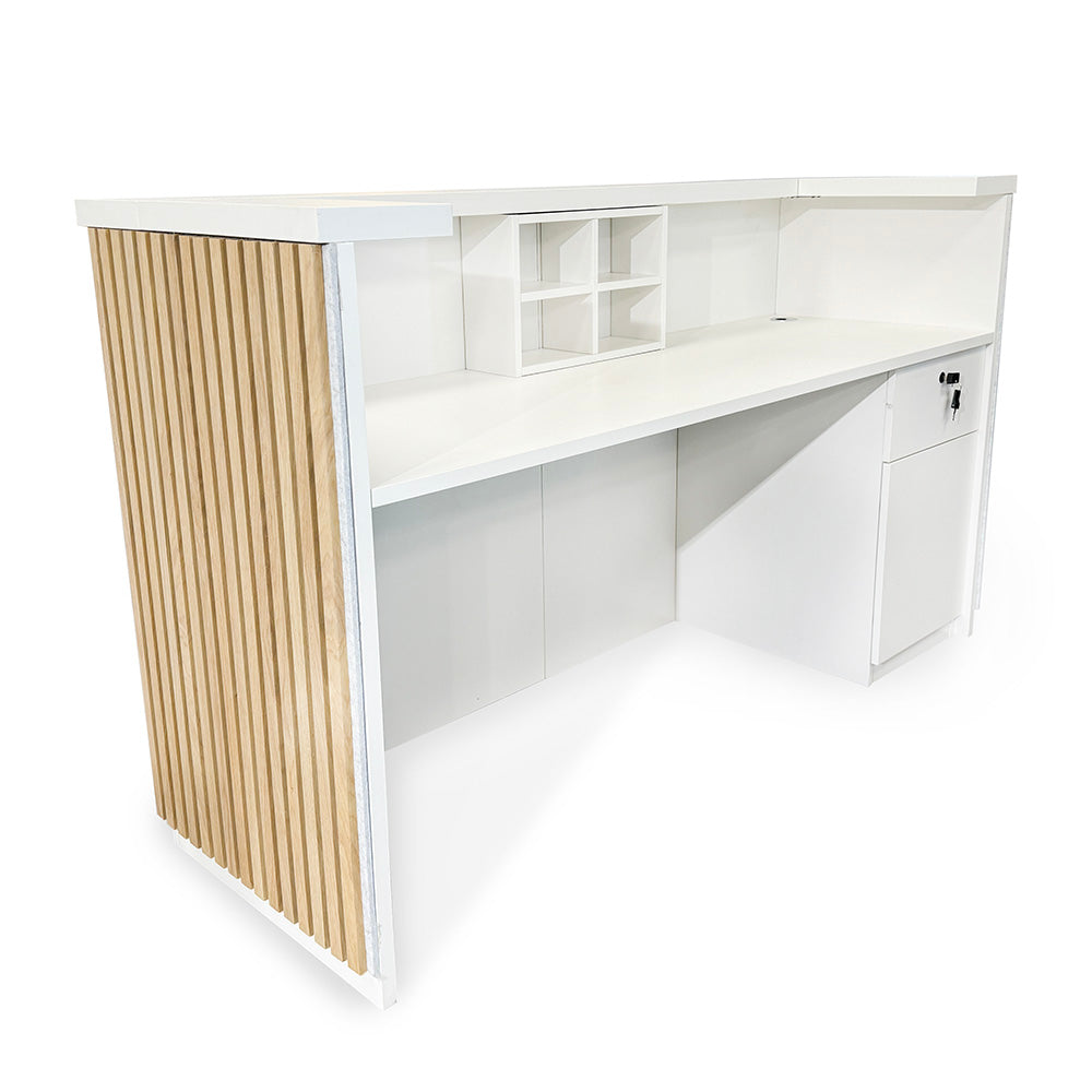 KENTO 180cm Modern Reception Desk with White & Oak Timber Slat Acoustic Panel - Perfect for Office Lobby, Hotel Front Desk, and Corporate Waiting Areas