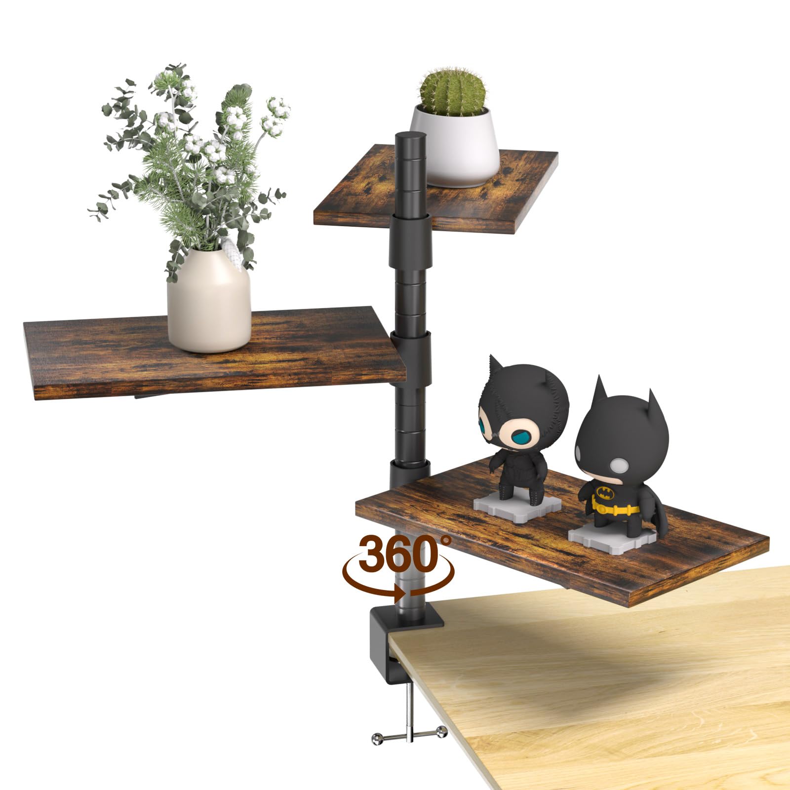 3 Tier Rotatable Clamp On Desk Shelf - 360° Adjustable Under Table Storage Organizer for Home Office, Gaming Setup, Books & Accessories | Rustic Vintage Brown Wooden Shelves for Workspace & Bedroom Organization