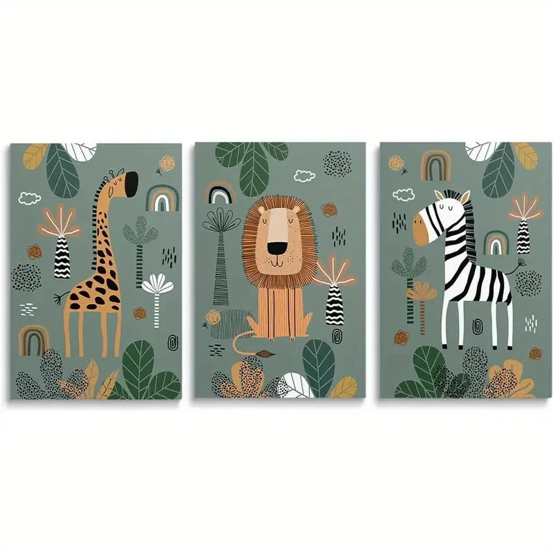 3-Piece Baby Safari Nursery Metal Wall Art Prints - Ready to Hang Jungle Animal Decor for Kids Room, Nursery & Playroom