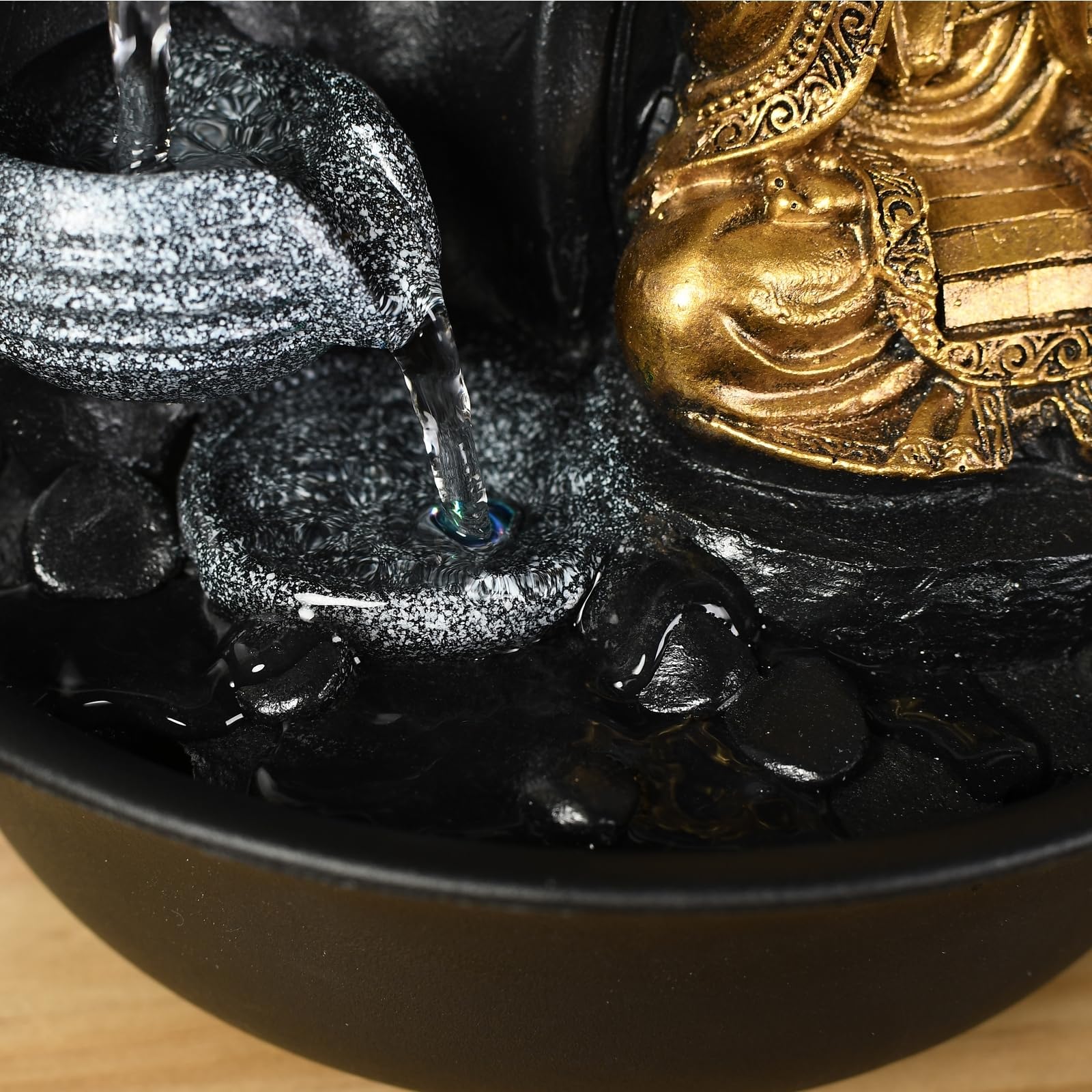 Zen Light Praya - Indoor Water Fountain with LED Lights and Pump, Resin Golden Fountain for Home Decor, Office Relaxation & Meditation Space