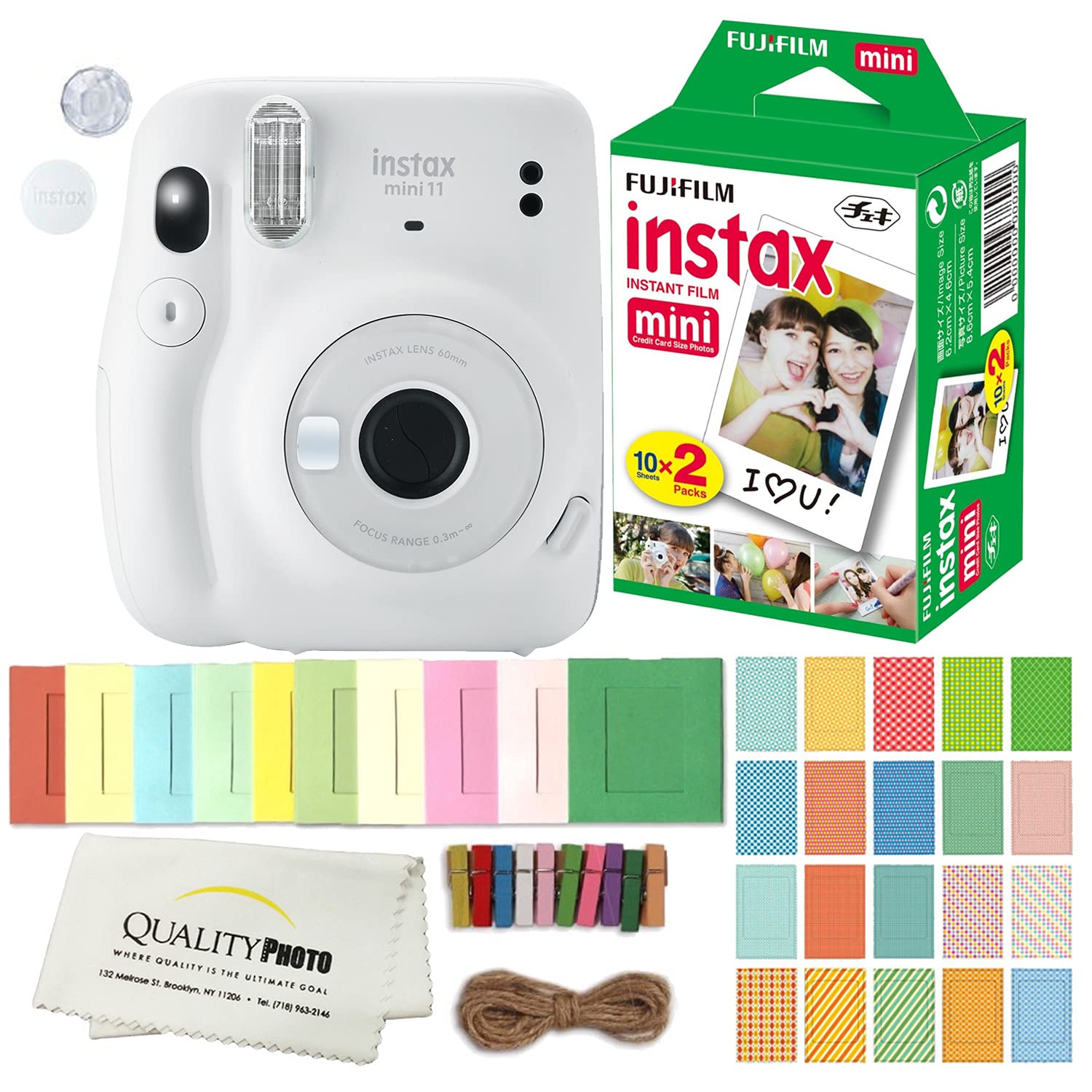 FUJIFILM INSTAX Mini 11 Instant Camera Kit with Film, Stickers, Hanging Frames & Microfiber Cloth (Ice White) - Perfect for Travel, Parties, Gifts & Memory Keeping
