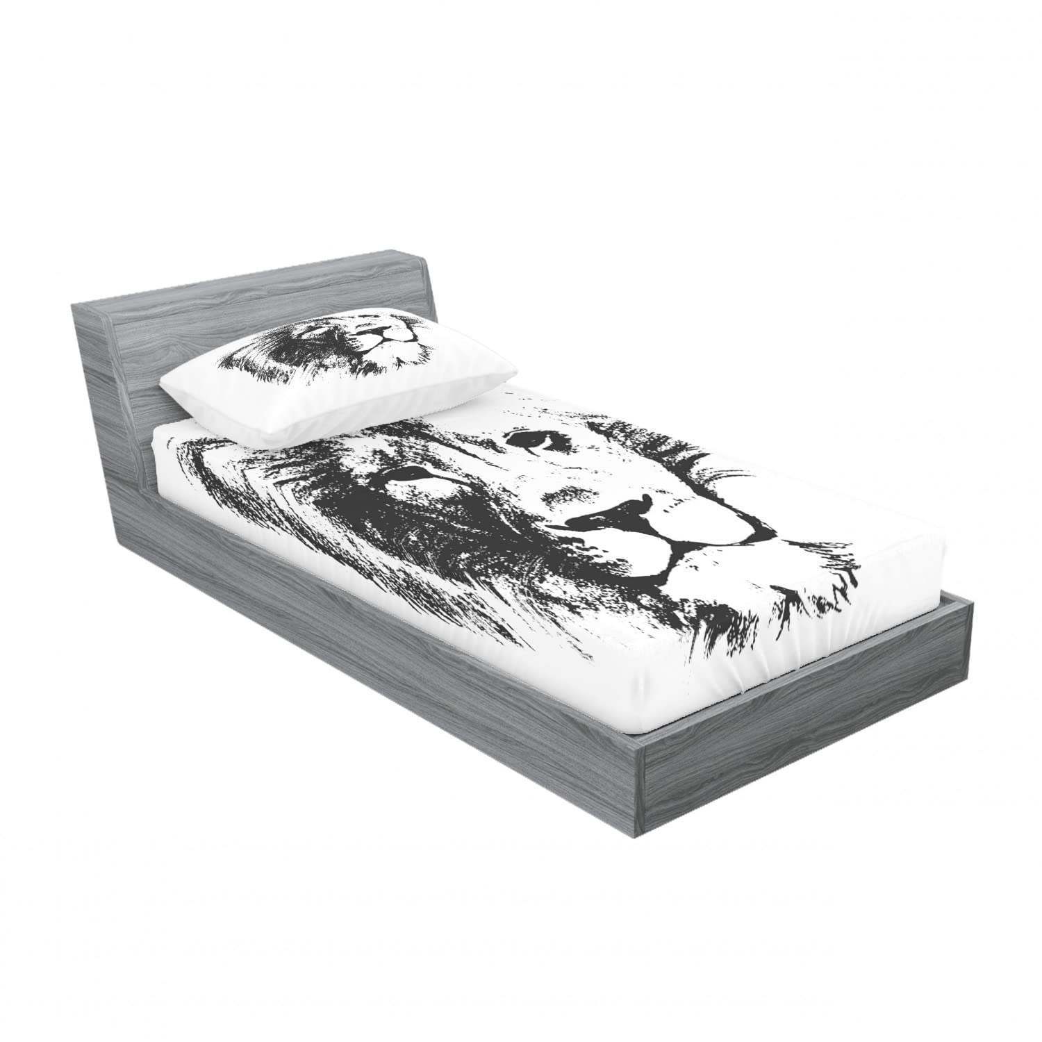 Ambesonne 2-Pack Twin Fitted Sheet & Pillow Sham Set - Sketchy Jungle Lion Design, 4-Piece Grey & White Bedding Decor for Kids & Teens | Perfect for Dorm Rooms, Guest Beds & Themed Bedrooms