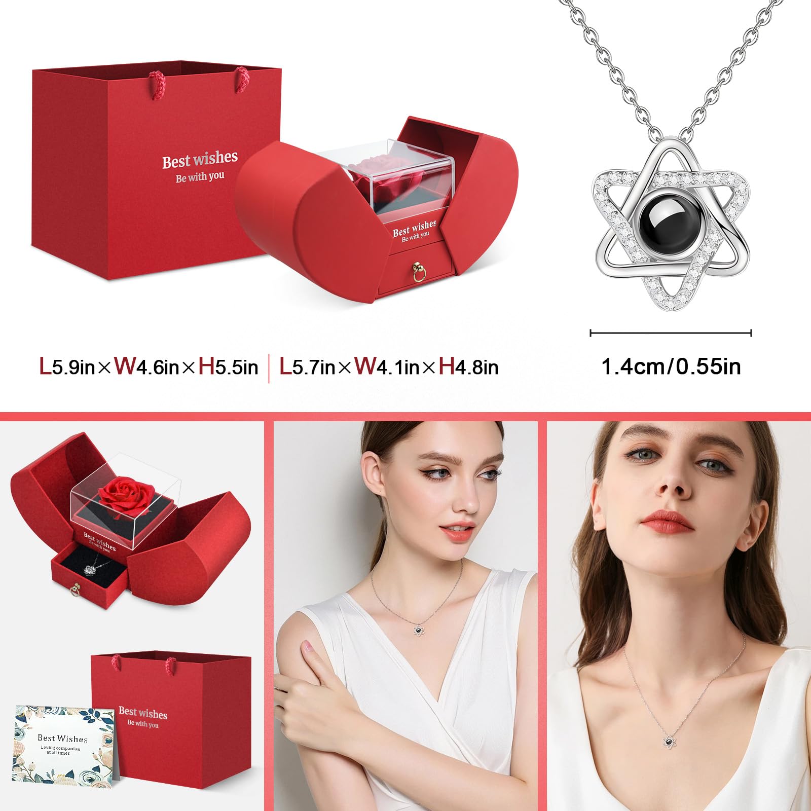 QETRABONE Preserved Red Real Rose Necklace 'I Love You' in 100 Languages - Eternal Flower Jewelry, Romantic Birthday Gift for Women, Wife, Girlfriend, Mom, Grandma - Perfect for Valentine's Day, Christmas, Anniversary & Special Occasions (Red)