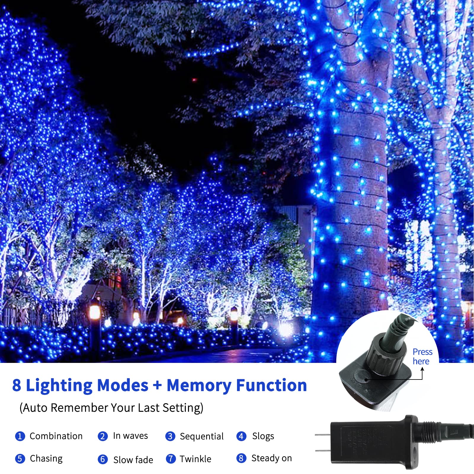 300LED Christmas String Lights 105FT - 8 Modes Blue for Xmas Tree & Outdoor Decor