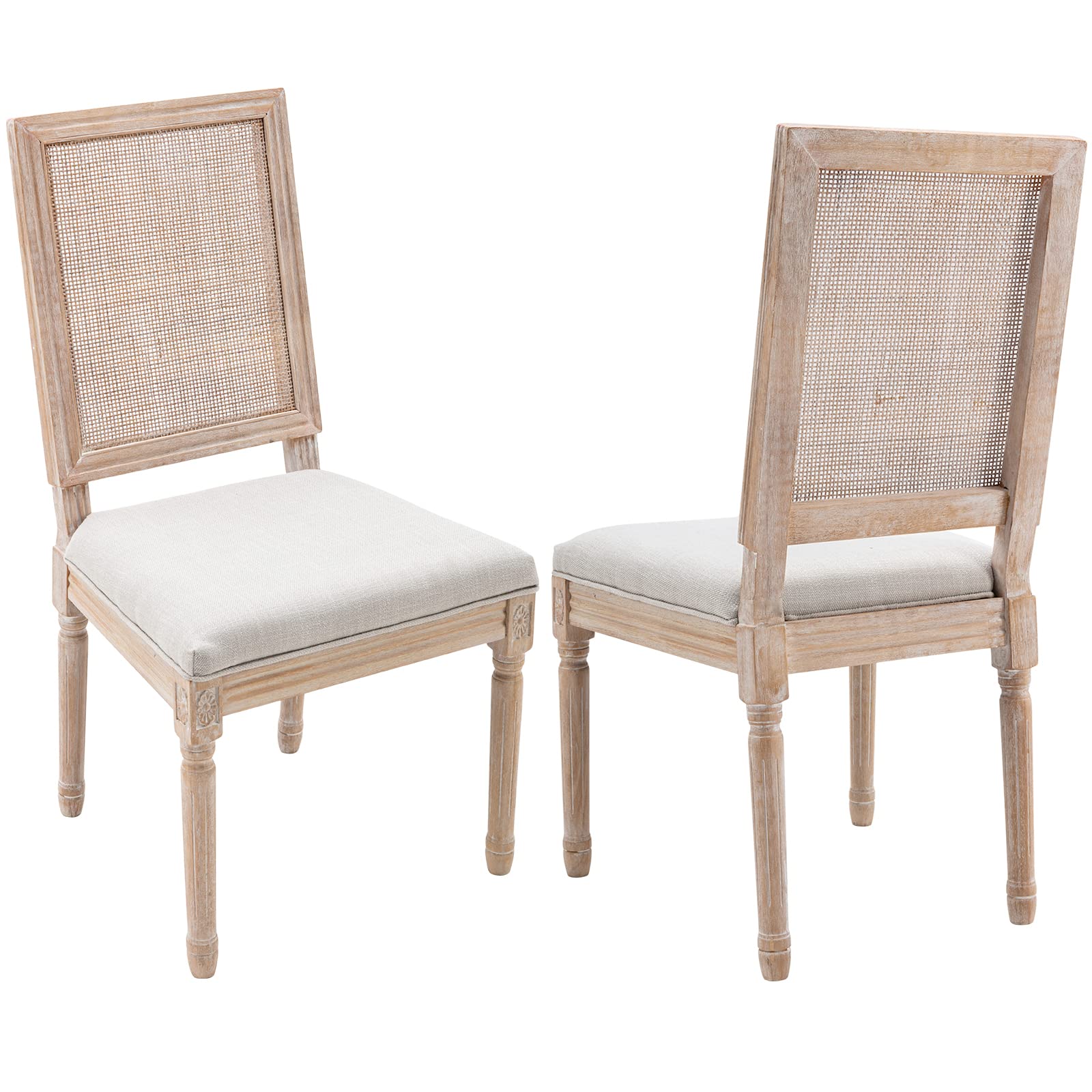 Guyou Farmhouse Dining Chairs Set of 2 - Upholstered Rattan Back French Country Accent Chairs with Distressed Wood Frame for Kitchen, Dining Room & Living Room - Beige Countryside Decor for Cozy Home & Restaurant Use