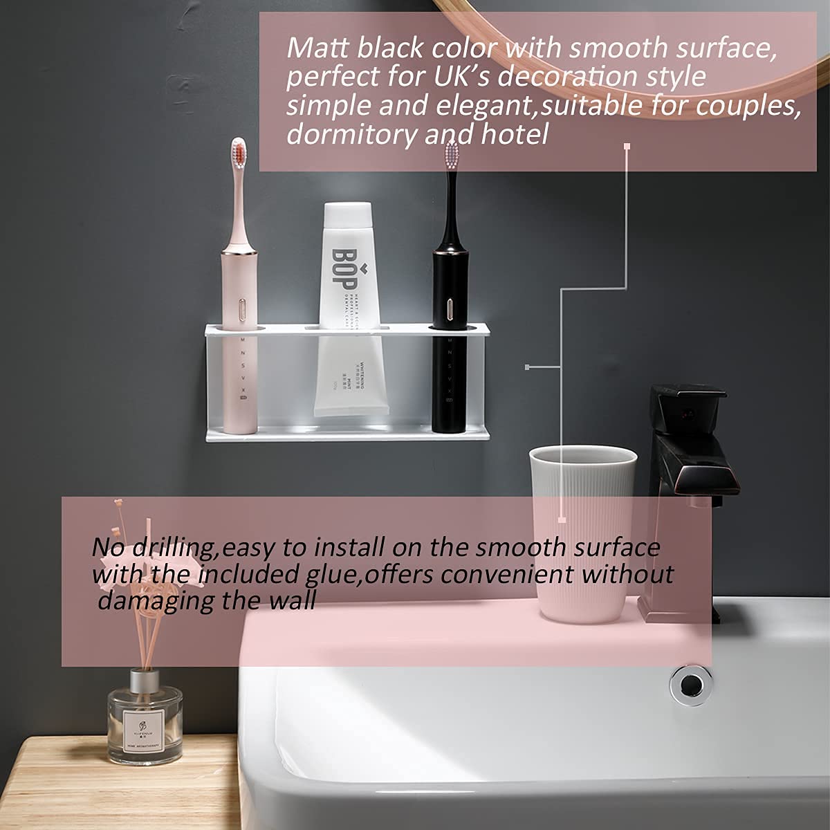 Wall Mounted Electric Toothbrush Holder for 2 - No Drill Adhesive Bathroom Organizer, Black (2 Pack) | Perfect for Couples & Small Bathroom Spaces