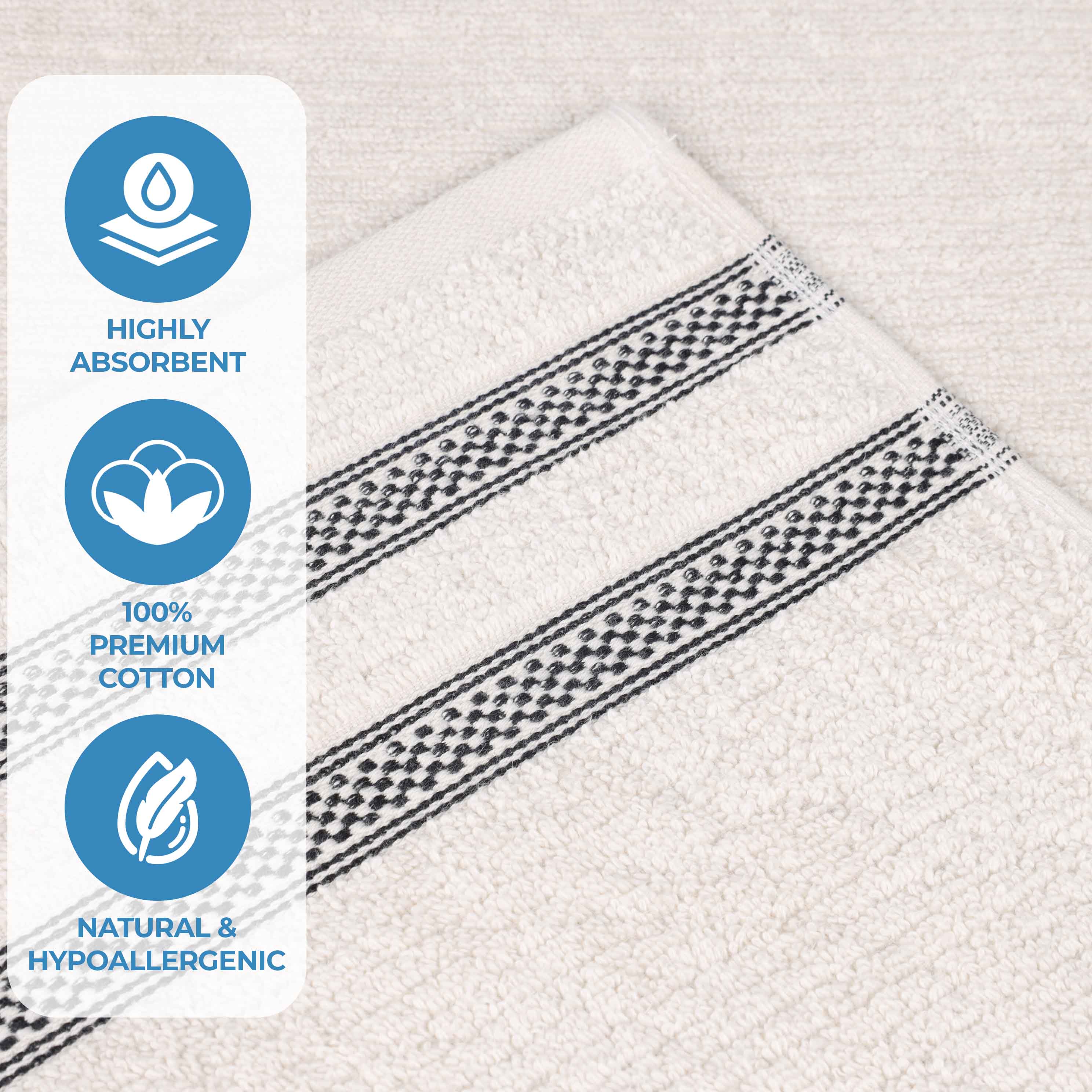 Premium Zero Twist Cotton Ribbed Geometric Border Plush 3-Piece Bath Towel Set - Ultra Soft & Absorbent for Spa, Bathroom & Luxury Home Use
