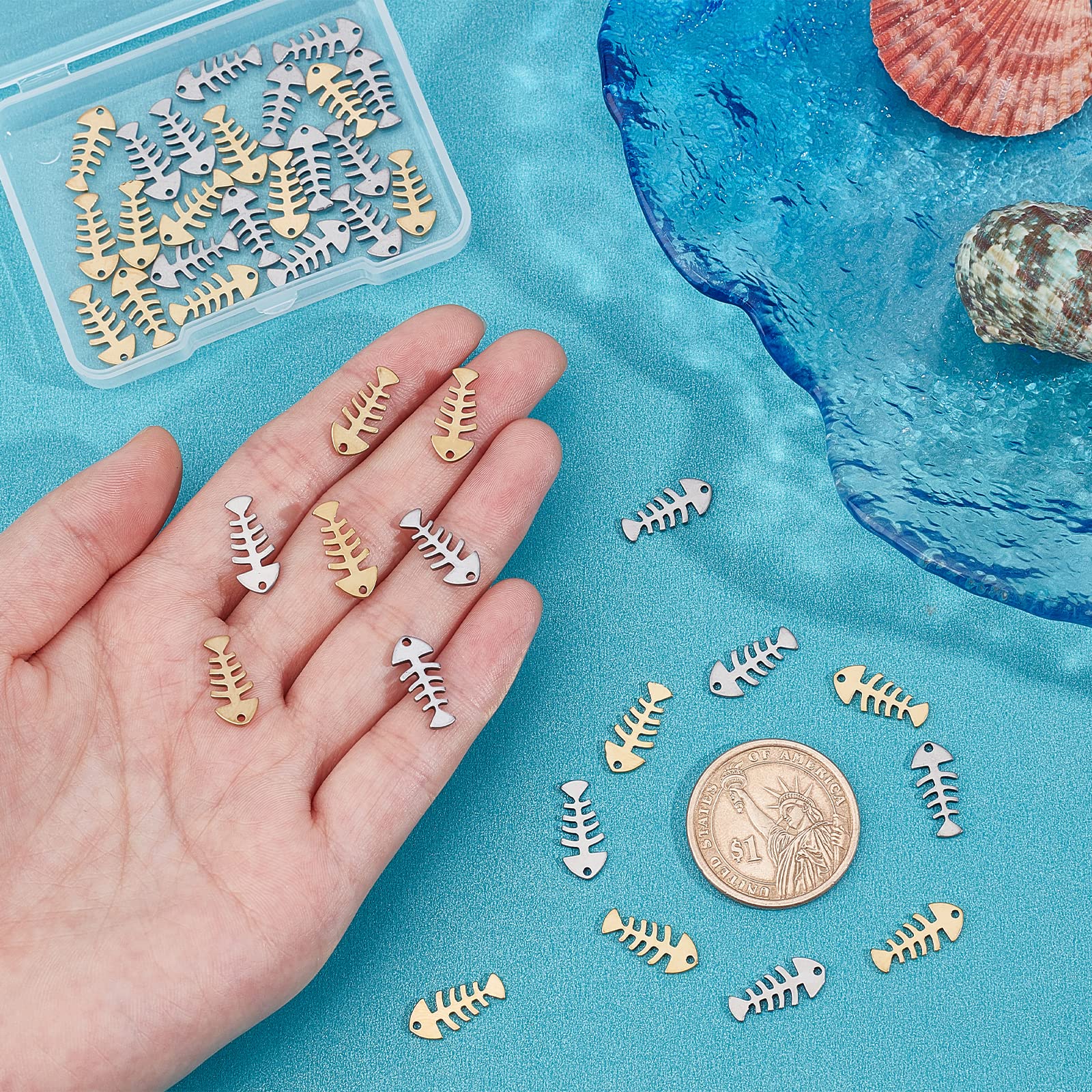 UNICRAFTALE 40pcs 2-Tone Fishbone Pendants - Hypoallergenic Stainless Steel Charms for Jewelry Making - 1.2mm Hole - Perfect for Necklaces, Bracelets & DIY Craft Projects