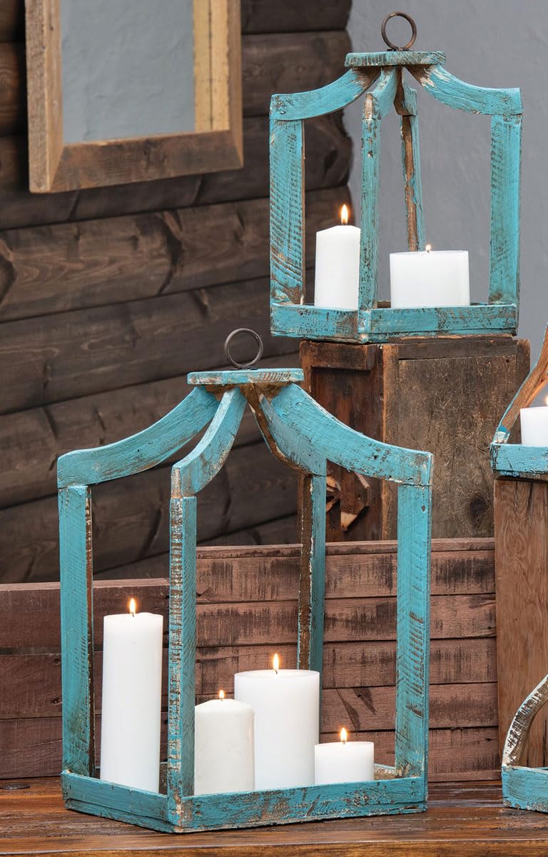 BLACK FOREST DECOR Mission Canopy Turquoise Candle Lanterns - Set of 2 Rustic Home Decor for Patio, Garden, Wedding & Outdoor Parties