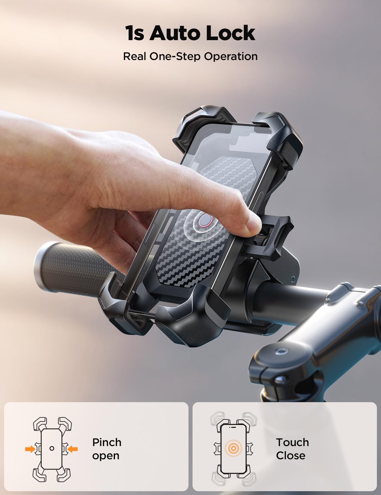 JOYROOM Motorcycle Phone Mount - 1 Second Auto Lock, Military-Grade Anti-Shake (100mph), Universal Bike Phone Holder for iPhone, Samsung & All Smartphones - Quick 10-Second Installation - Perfect for Road Trips, Commuting & Adventure Riding