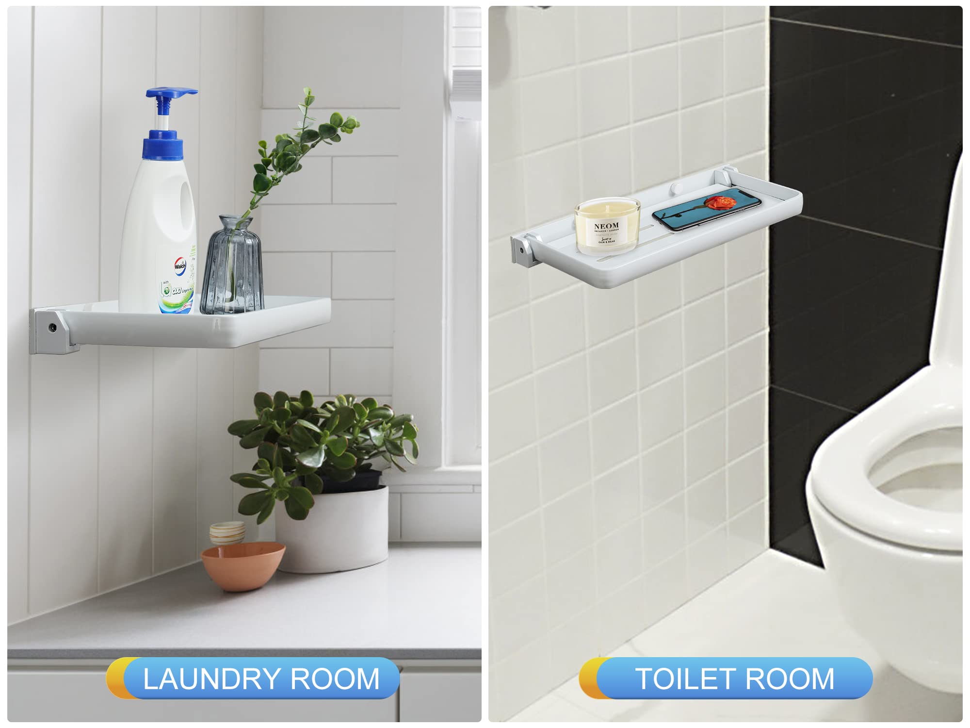 White Small Folding Wall Shelf - 2-Pack Metal Floating Shelves for Laundry Room, Bathroom & Bedside - 90° Foldable, Waterproof Space-Saving Storage Solution for Small Spaces (Perfect for Toilet Room, Kitchen & Closet Organization)