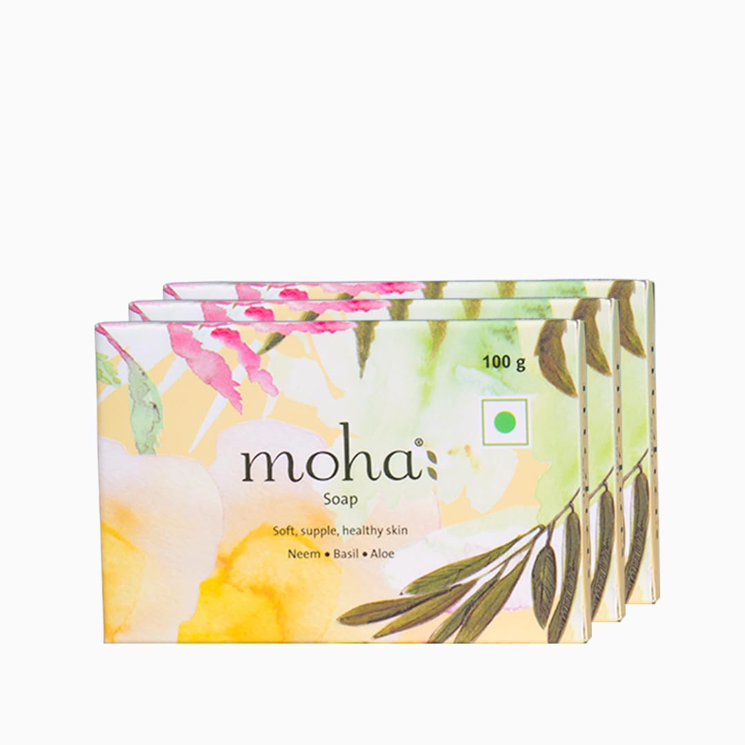 Organic Moha Herbal Soap Bar - Natural Aloe Vera, Basil & Neem Face & Body Cleanser | Gentle Unisex Bathing Bar for Sensitive Skin | 100g Each (Pack of 3) | Perfect for Daily Skincare Routine, Acne Treatment & Relaxing Bath Time