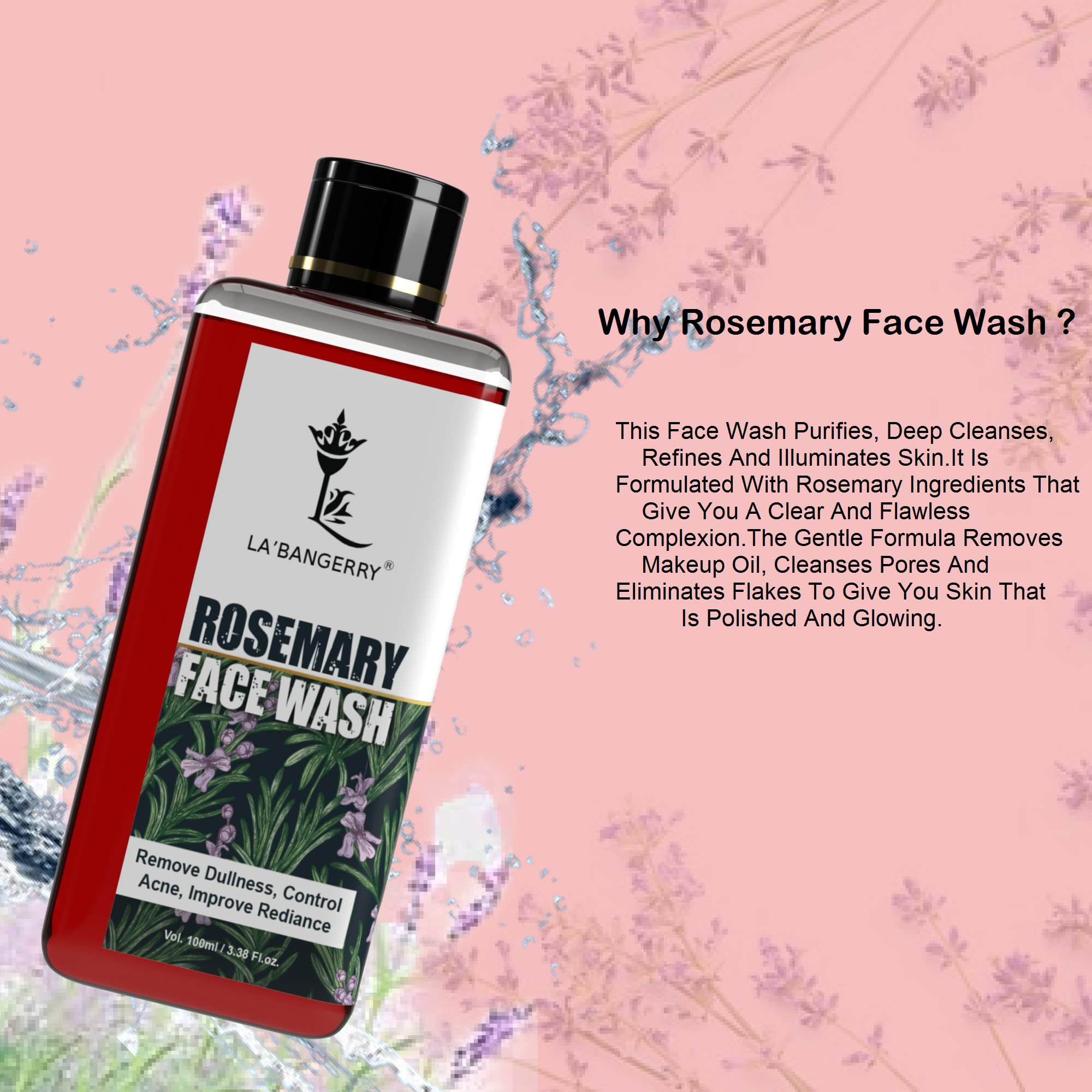 LA'BANGERRY Rosemary Facial Cleanser - Instant Refresh & Deep Cleansing | No-Rinse Formula with Rosemary Extract | 100ml | Perfect for Travel, Gym & On-the-Go Skincare