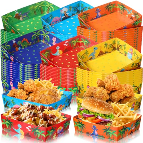 48 Pack Dinosaur Party Paper Food Trays - 5 lb Disposable Cartoon Dinosaur Snack Boats for Birthday, Baby Shower & Dinosaur Themed Events - Perfect for Kids Parties, School Events & Festive Gatherings