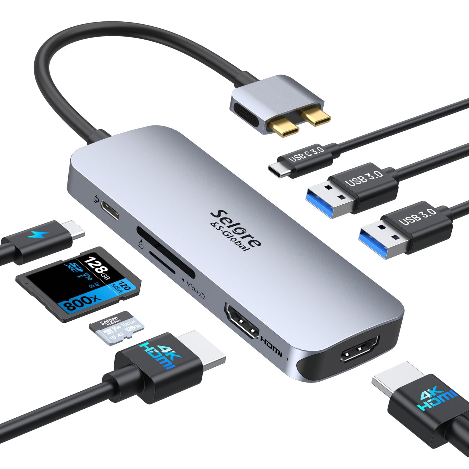 Selore USB C Hub for MacBook Pro/Air - Dual HDMI Adapter, 2 USB A Ports, PD Charging, SD/TF Card Reader - Docking Station for Dual Monitor Setup, Work & Entertainment