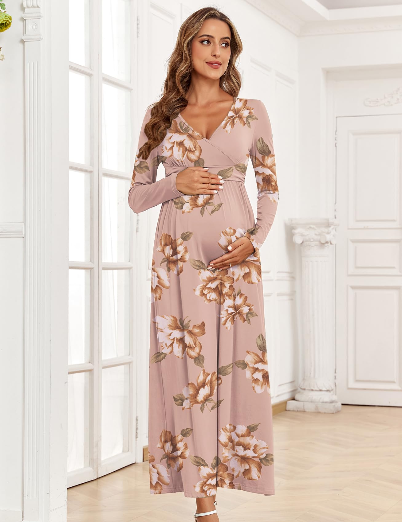 2025 Women's Maternity Maxi Dress - Long Sleeve Wrap V-Neck Pregnancy Dress with Pockets for Baby Shower, Photoshoot & Formal Occasions | Comfortable Nursing Dress for Expecting Mothers