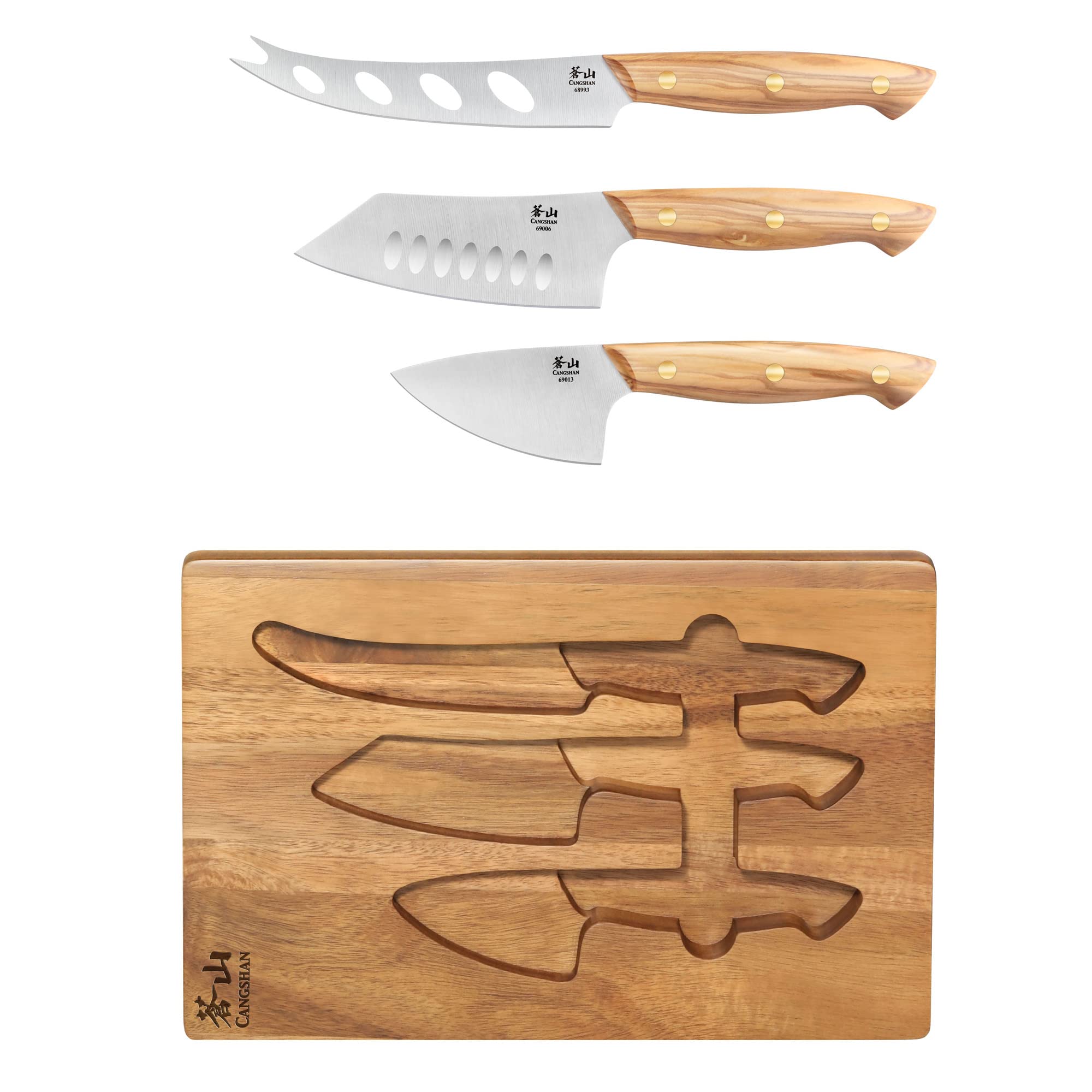 Cangshan 3-Piece Olive Wood Cheese Knife Set with Acacia Wood Cheese Board - Perfect for Wine Tasting, Charcuterie Boards & Entertaining Guests