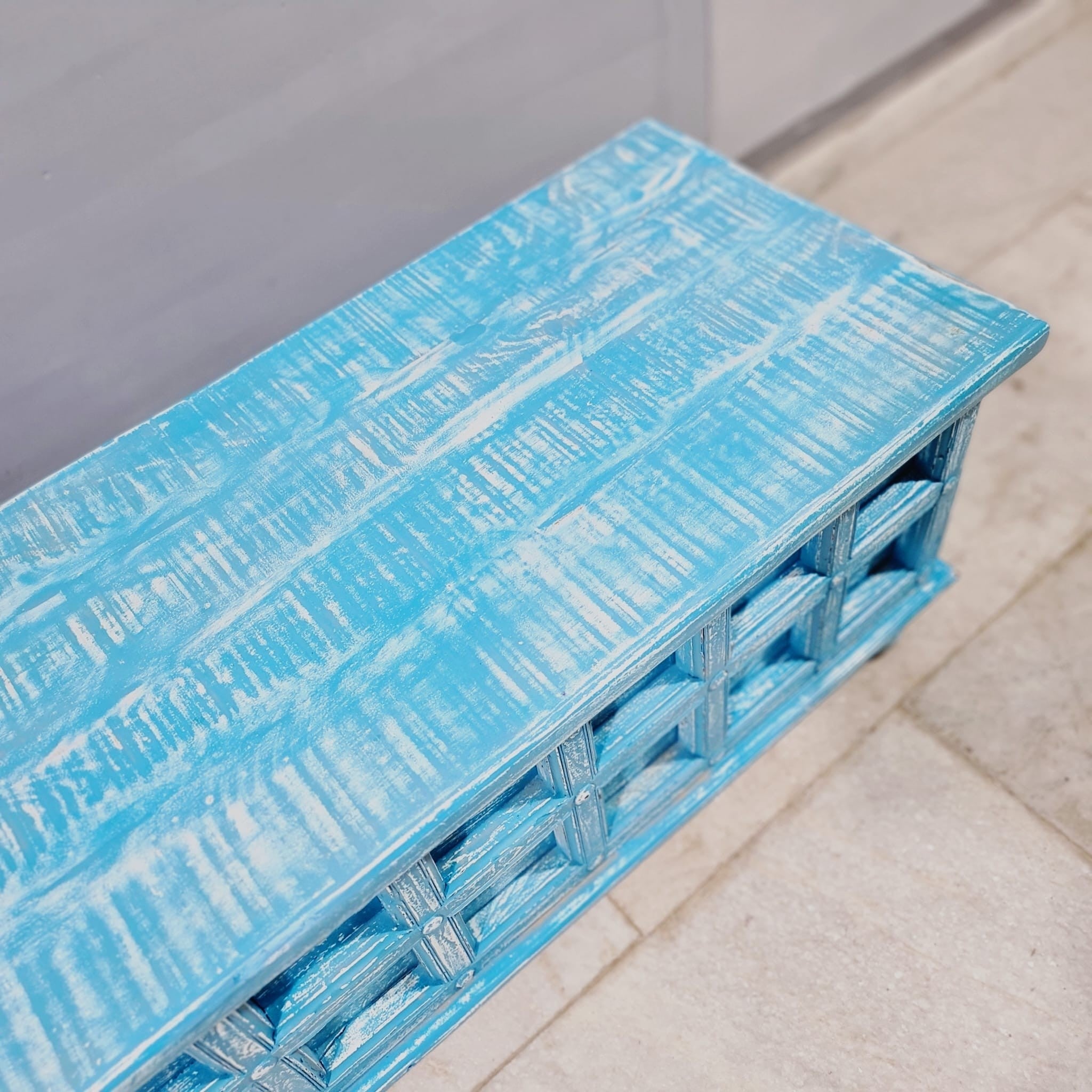 Handmade Carved Indian Solid Hardwood Blanket Chest - Rustic Blue Storage Box 55