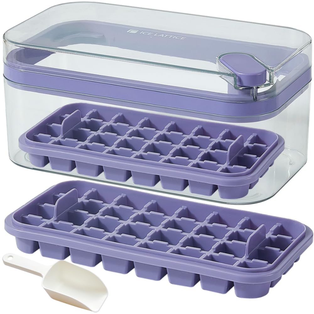 2 Pack Purple Ice Cube Tray Set with Lid & Storage Bin - 64 Ice Cube Molds for Perfect Cocktails, Smoothies & Party Drinks - BPA Free Freezer Tray for Home, Bar & Office Use