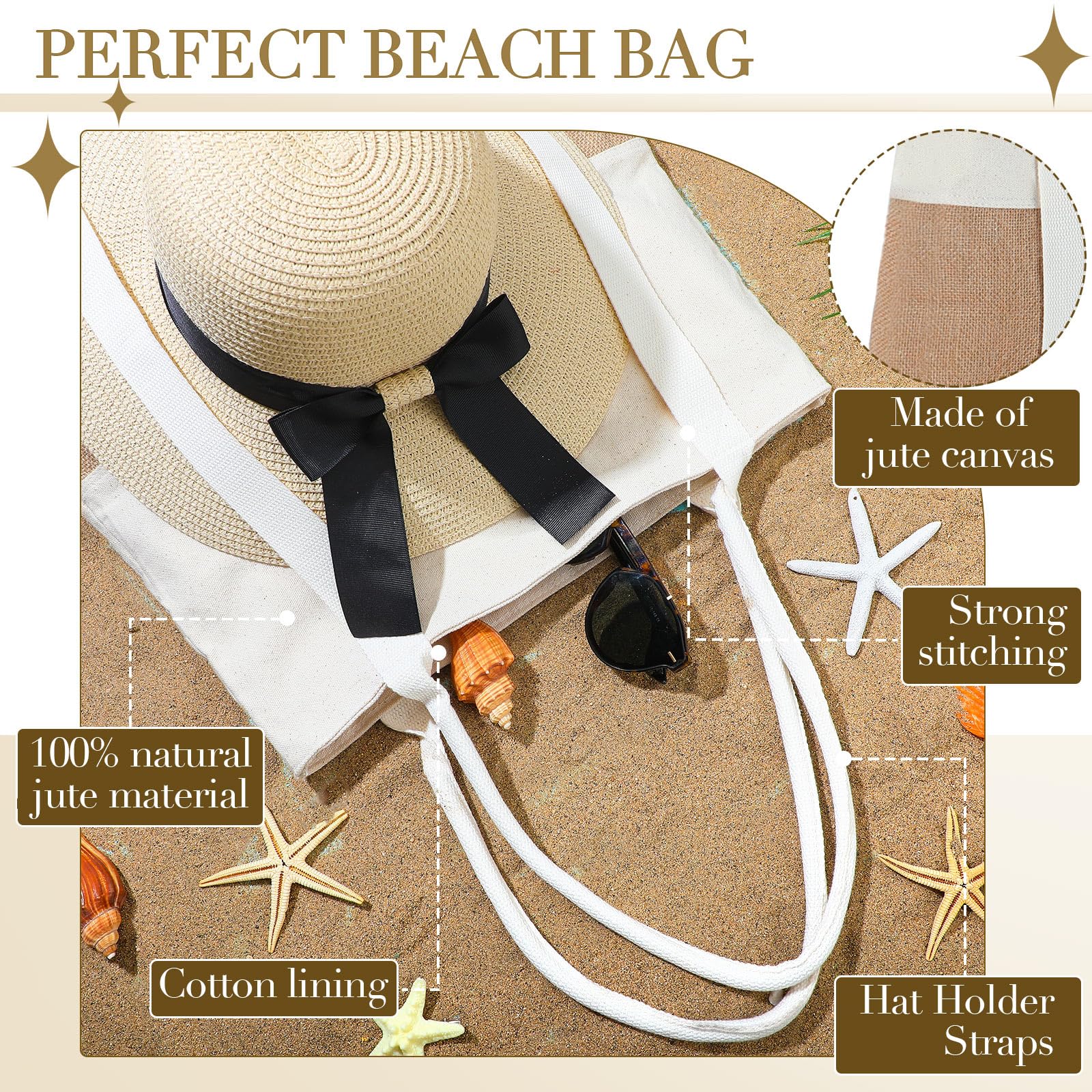 2 Pack Large Beach Tote Bags for Women - Waterproof Travel Tote with Sun Hat Holder Strap, Boho Summer Beach Bag for Pool, Vacation, Shopping & Outdoor Activities