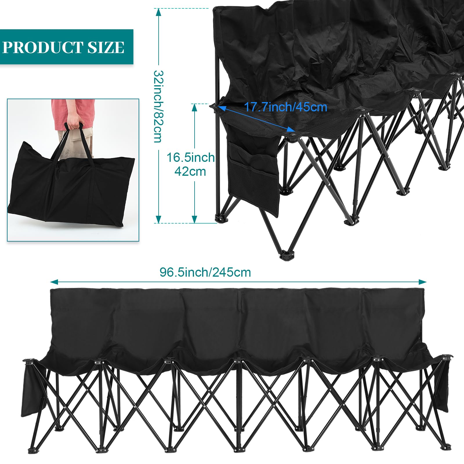 Kigley 6-Seat Folding Soccer Bench Chair - Portable Team Sports Sideline Bench for Football, Camping, Travel & Outdoor Events - Includes Storage Bag - Perfect for Sideline Seating, Sports Games & Picnics