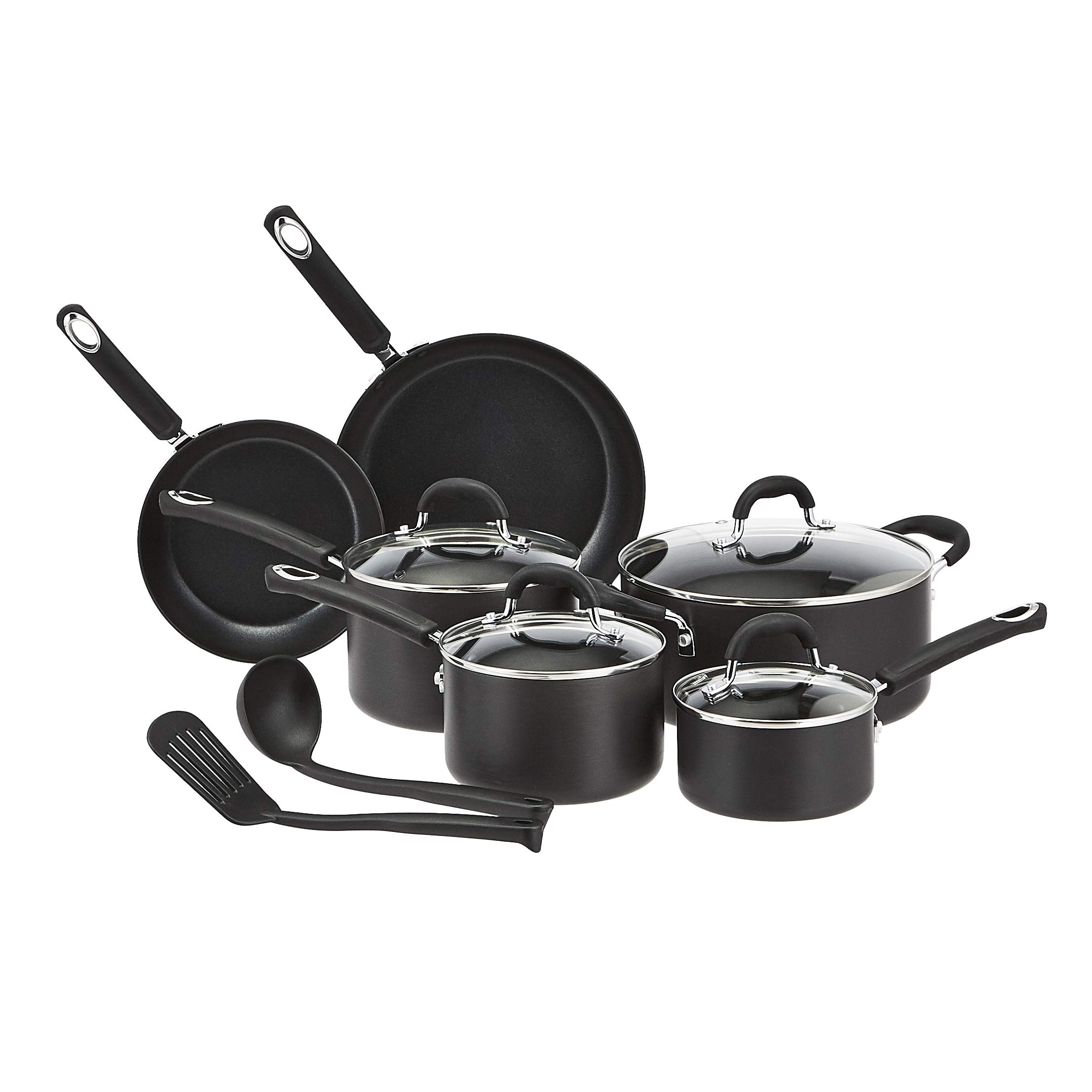 Amazon Basics Hard Anodized Non-Stick 12-Piece Cookware Set - Black Pots, Pans & Kitchen Utensils for Cooking, Frying & Baking | Durable & Scratch-Resistant for Everyday Home Use