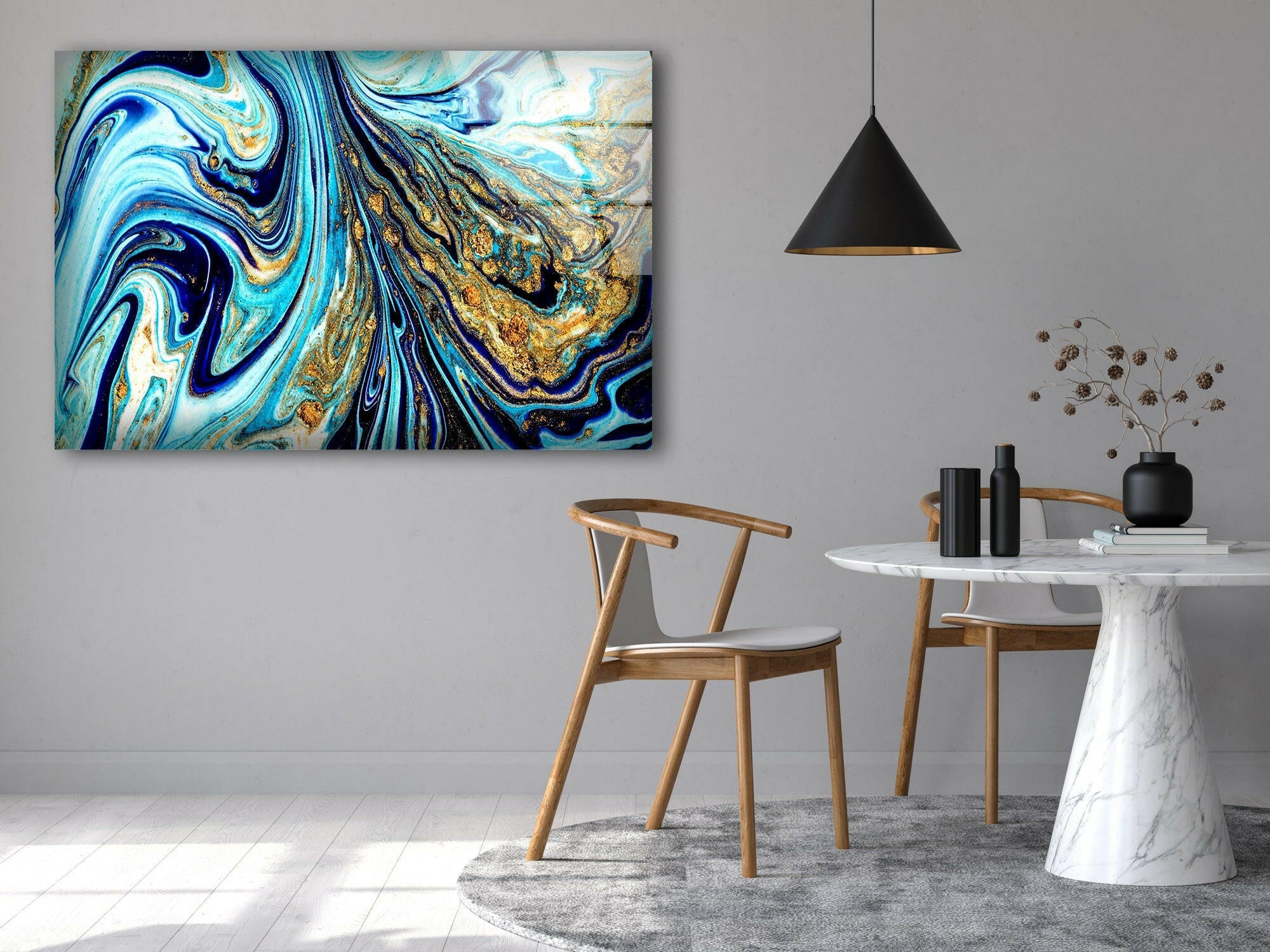 Blue and Gold Alcohol Ink Glass Wall Art - Handmade Abstract Painting for Home Decor, Office & Living Room