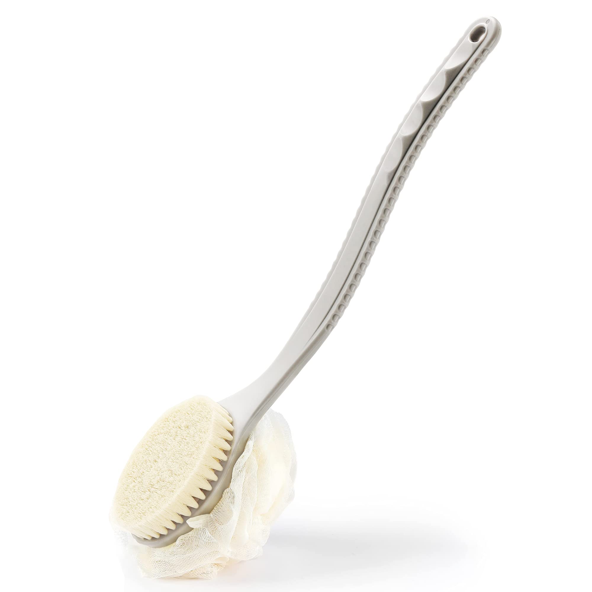 Exfoliating Shower Body Brush with Bristles & Loofah - Long Handle Back Scrubber Bath Sponge for Men & Women - Skin Massage Brush for Wet/Dry Use - Perfect for Deep Cleansing & Dead Skin Removal (Grey) - Ideal for Spa Days, Exfoliation Routines & Improving Skin Circulation
