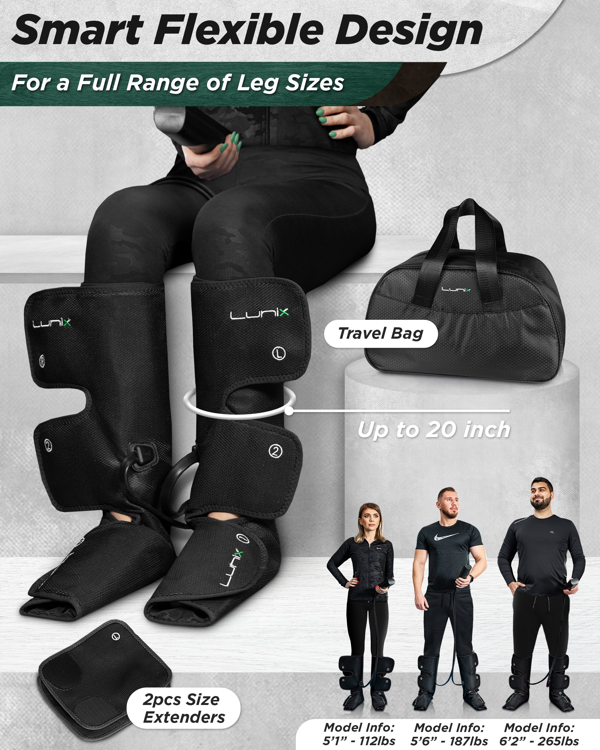 LX1 Foot and Calf Compression Massager for Pain Relief - Black - Ideal for Athletes, Office Workers & Travelers to Improve Circulation & Reduce Swelling