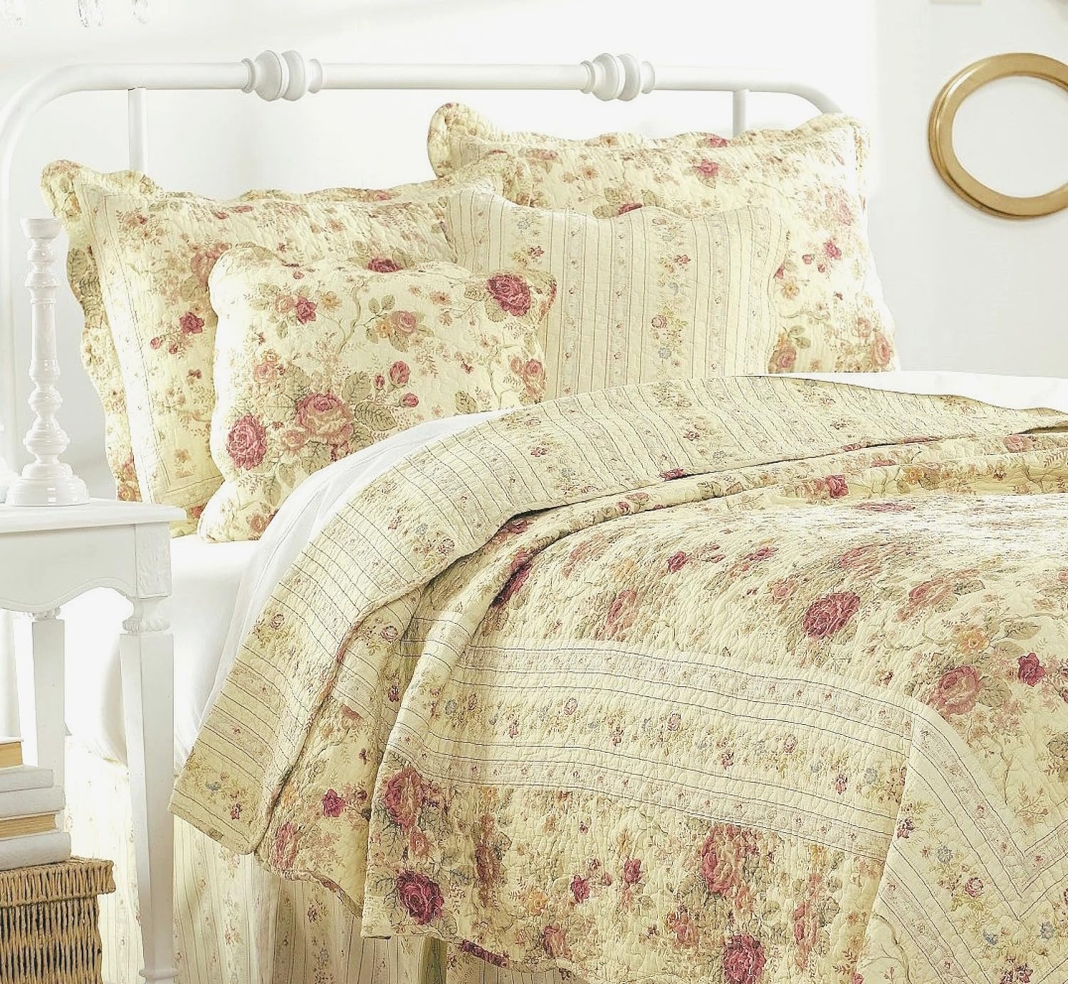 SPPRANDOM 5-Piece Shabby Chic Rose Floral Bedding Set - Full/Queen Size Quilt, Duvet Cover, Pillowcases - Romantic Vintage Style for Master Bedroom, Guest Room & Cozy Home Decor