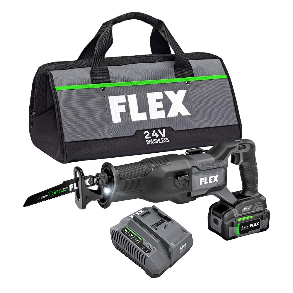 FLEX 24V Brushless Cordless Reciprocating Saw Kit with 5.0Ah Lithium Battery & 160W Fast Charger - FX2271-1C - Perfect for Wood Cutting, Demolition, and DIY Home Improvement Projects