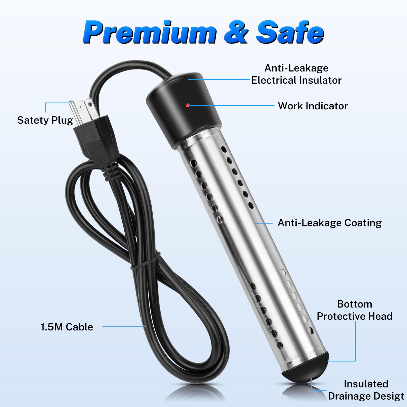 2000W Fast Heating Immersion Water Heater - Portable Electric Bucket Heater with Digital LCD Thermometer & 304 Stainless Steel Guard - Boils 5 Gallons in Minutes - Perfect for Bathtub, Camping, RV, and Emergency Hot Water Needs